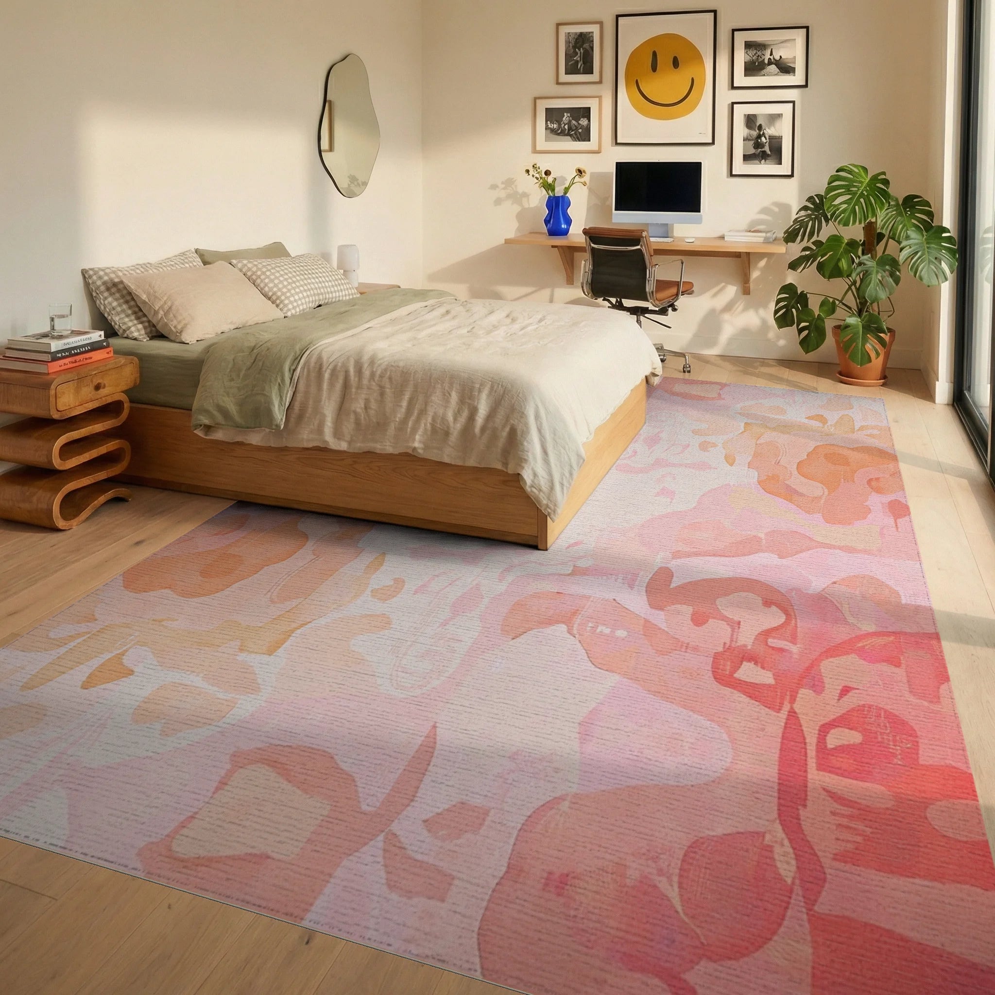 Soft Peach Blended Organic Shapes Rug - Bedroom View