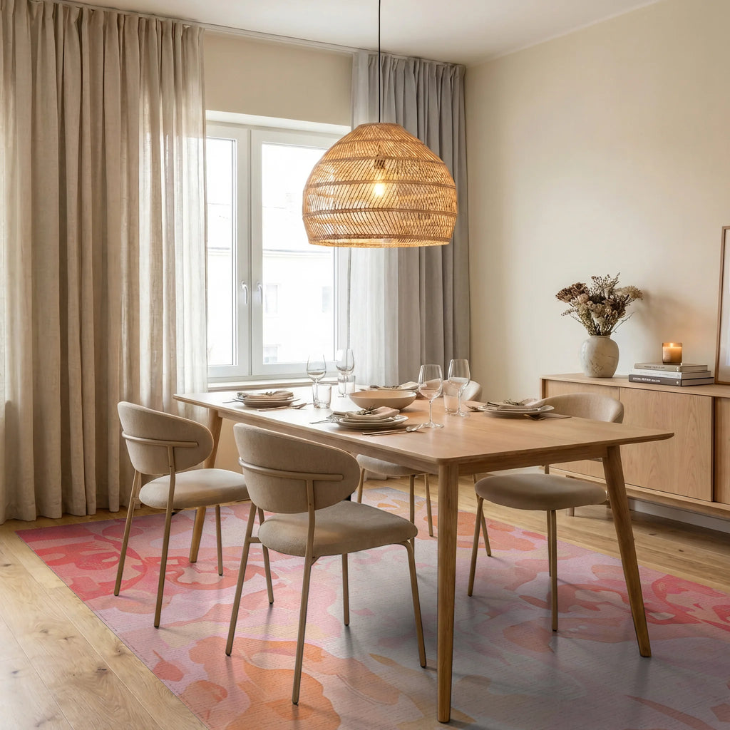 Soft Peach Blended Organic Shapes Rug - Dining Room View