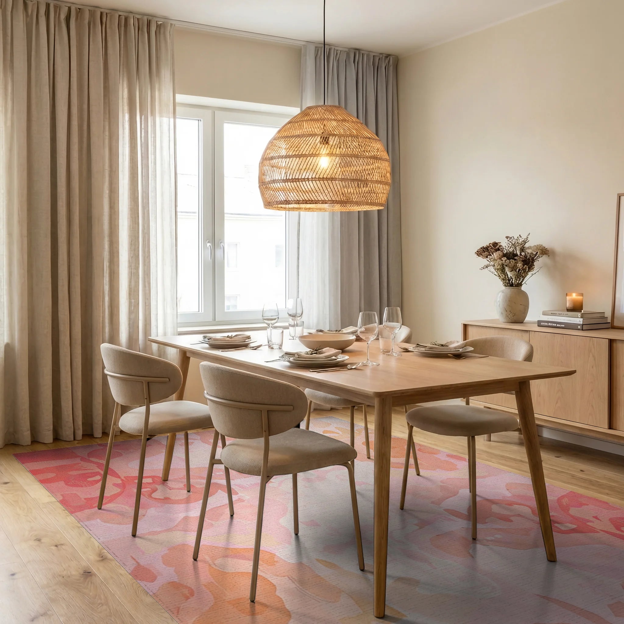 Soft Peach Blended Organic Shapes Rug - Dining Room View