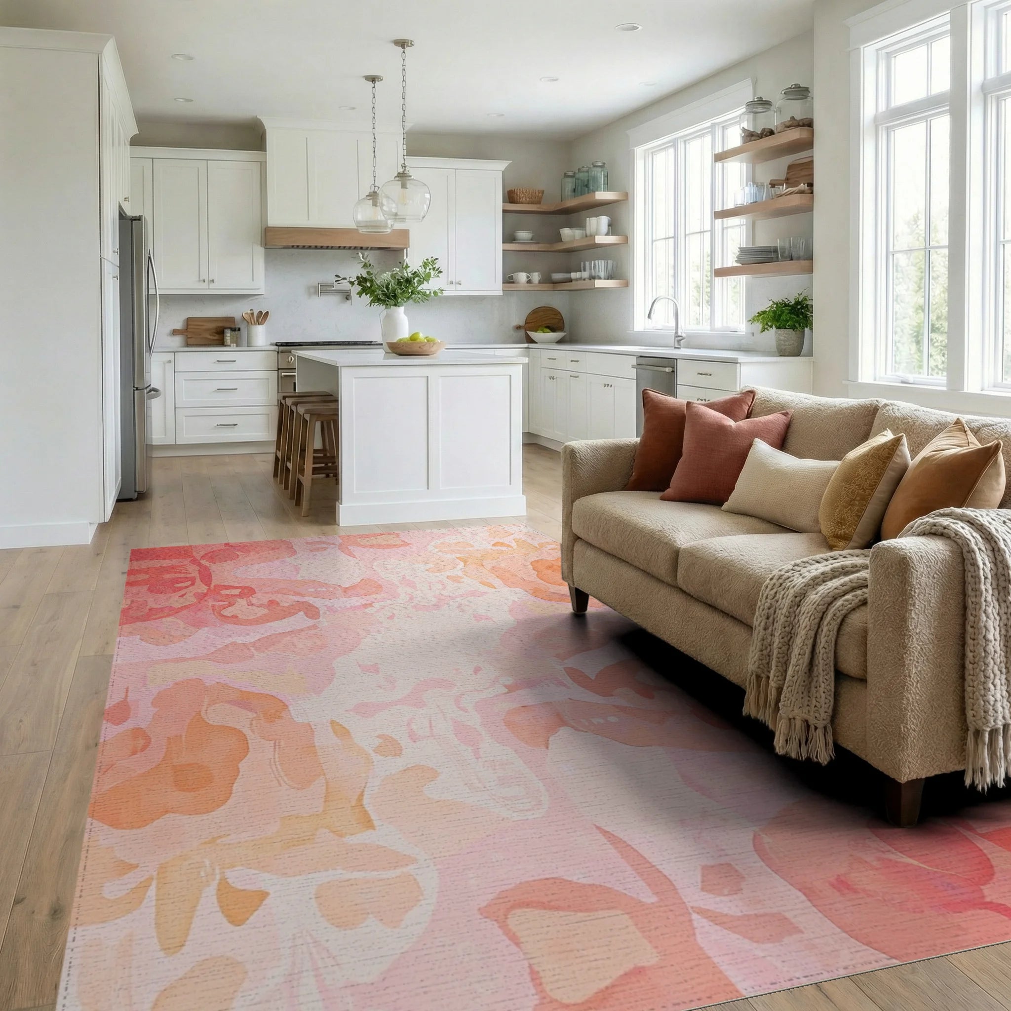 Soft Peach Blended Organic Shapes Rug - Living Room View