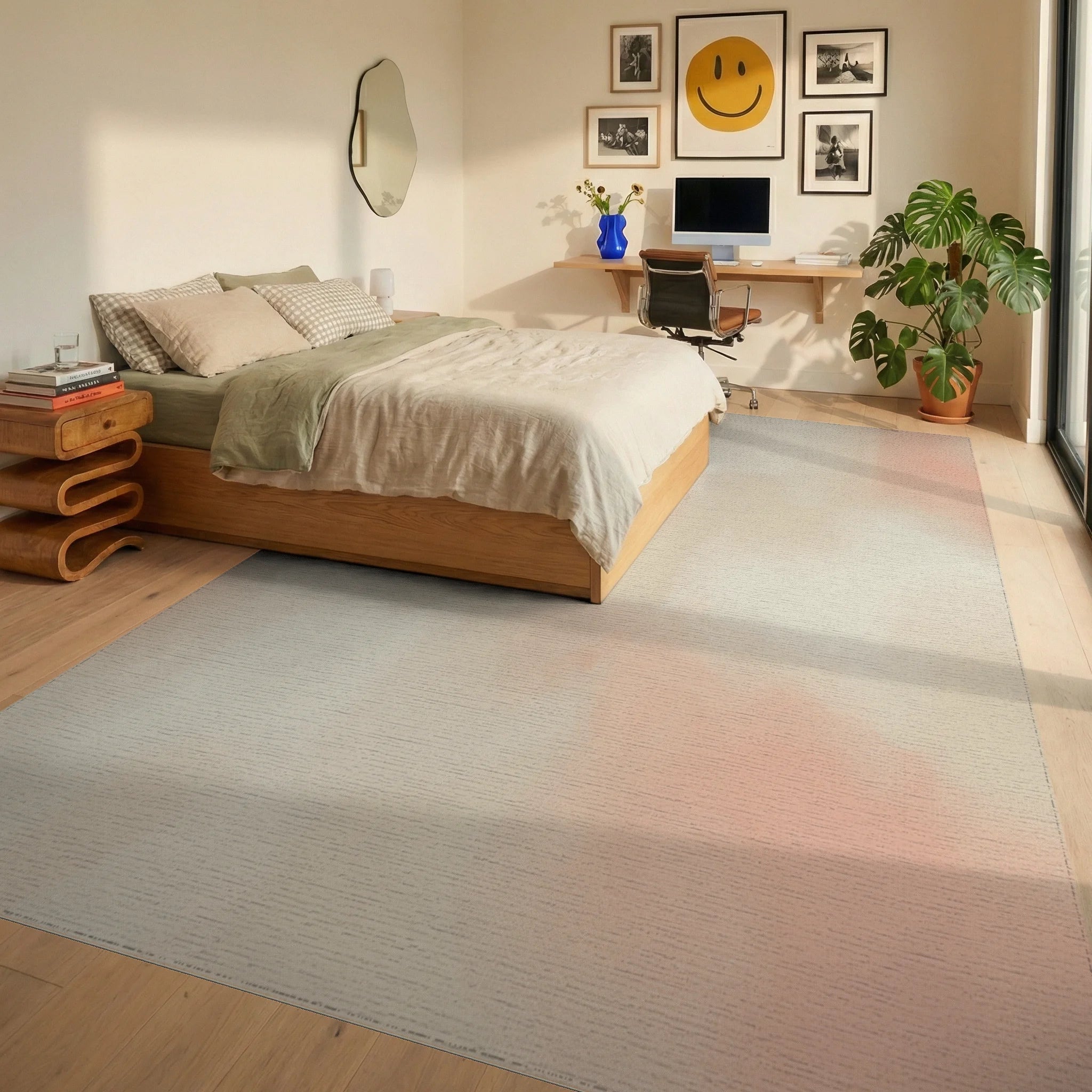 Soft Peach Cream Cloud Wash Rug Bedroom View