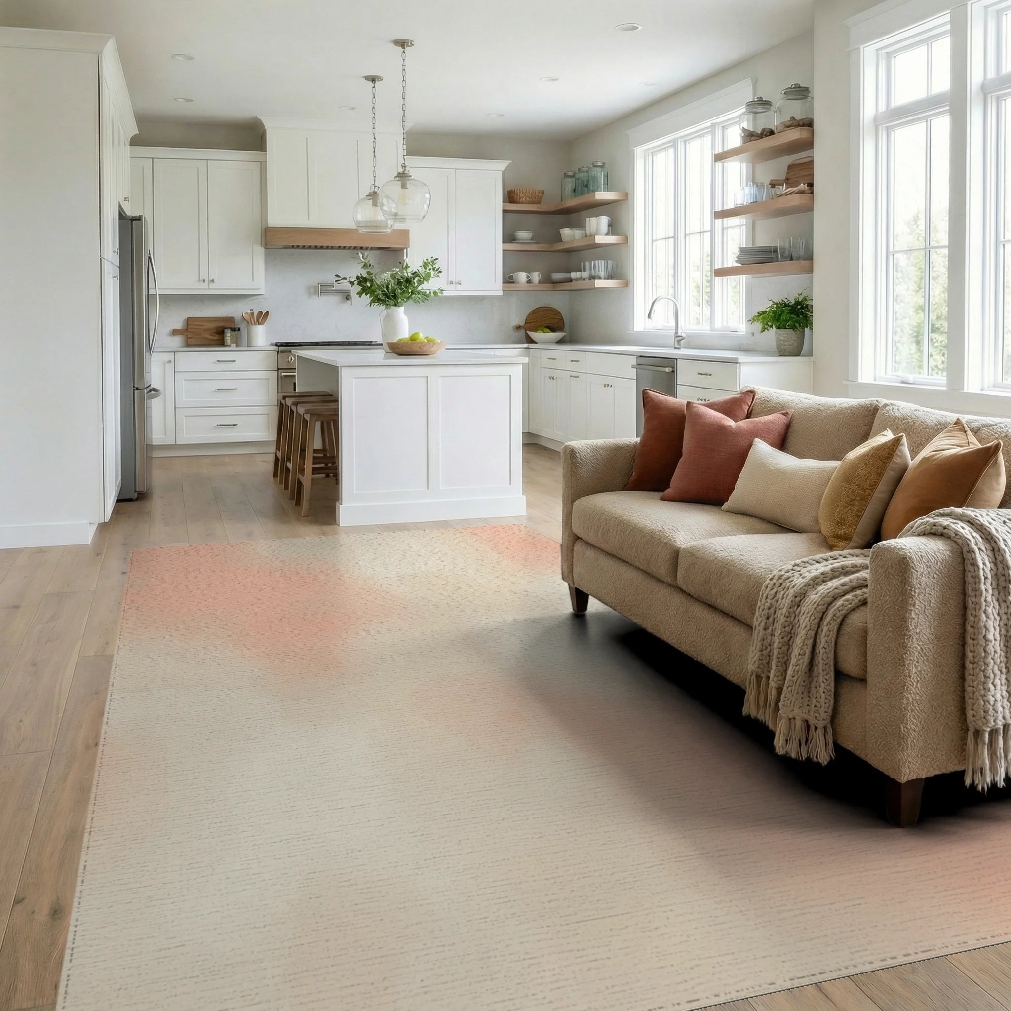 Soft Peach Cream Cloud Wash Rug Living Room View