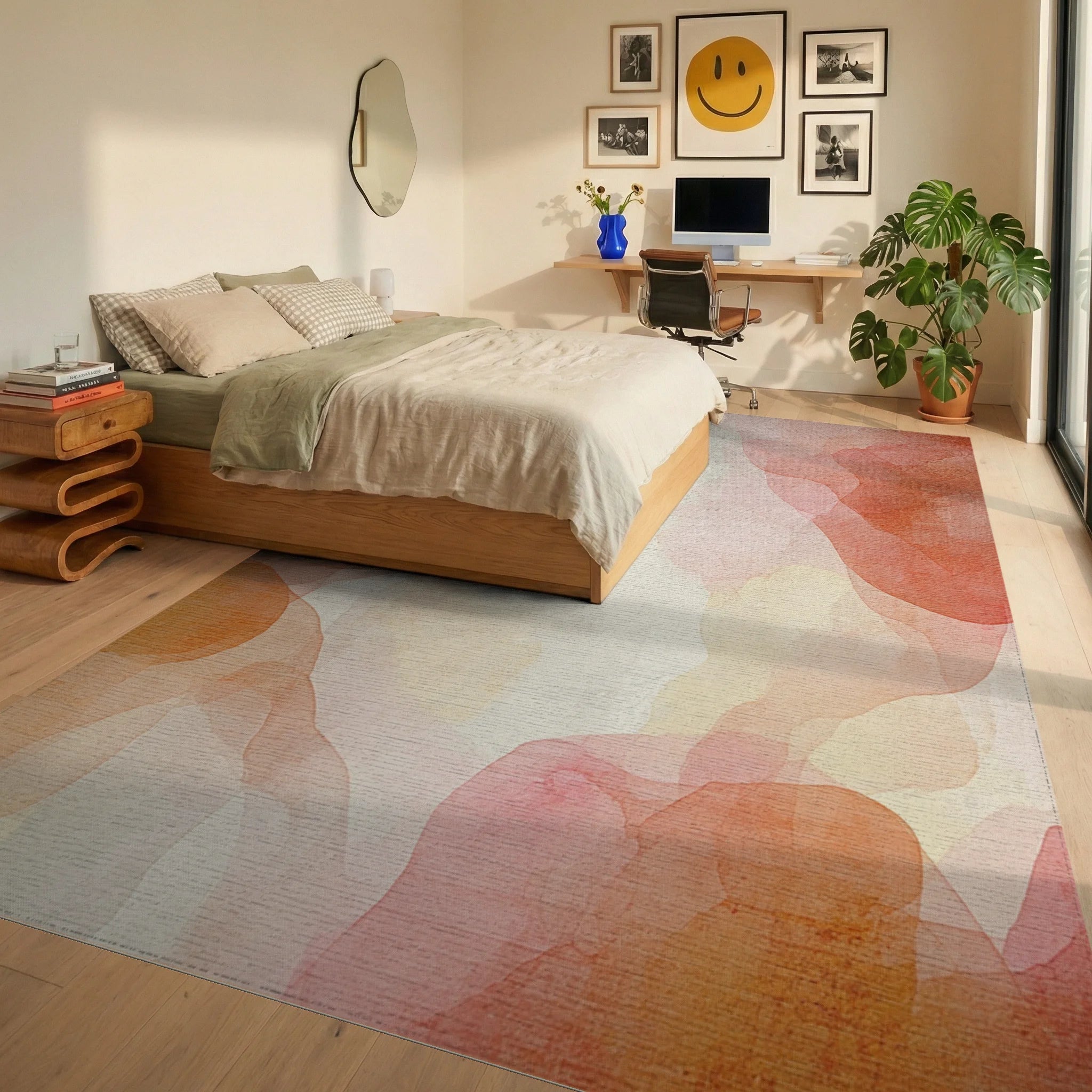 Soft Peach Watercolor Cloud Abstract Rug Bedroom View