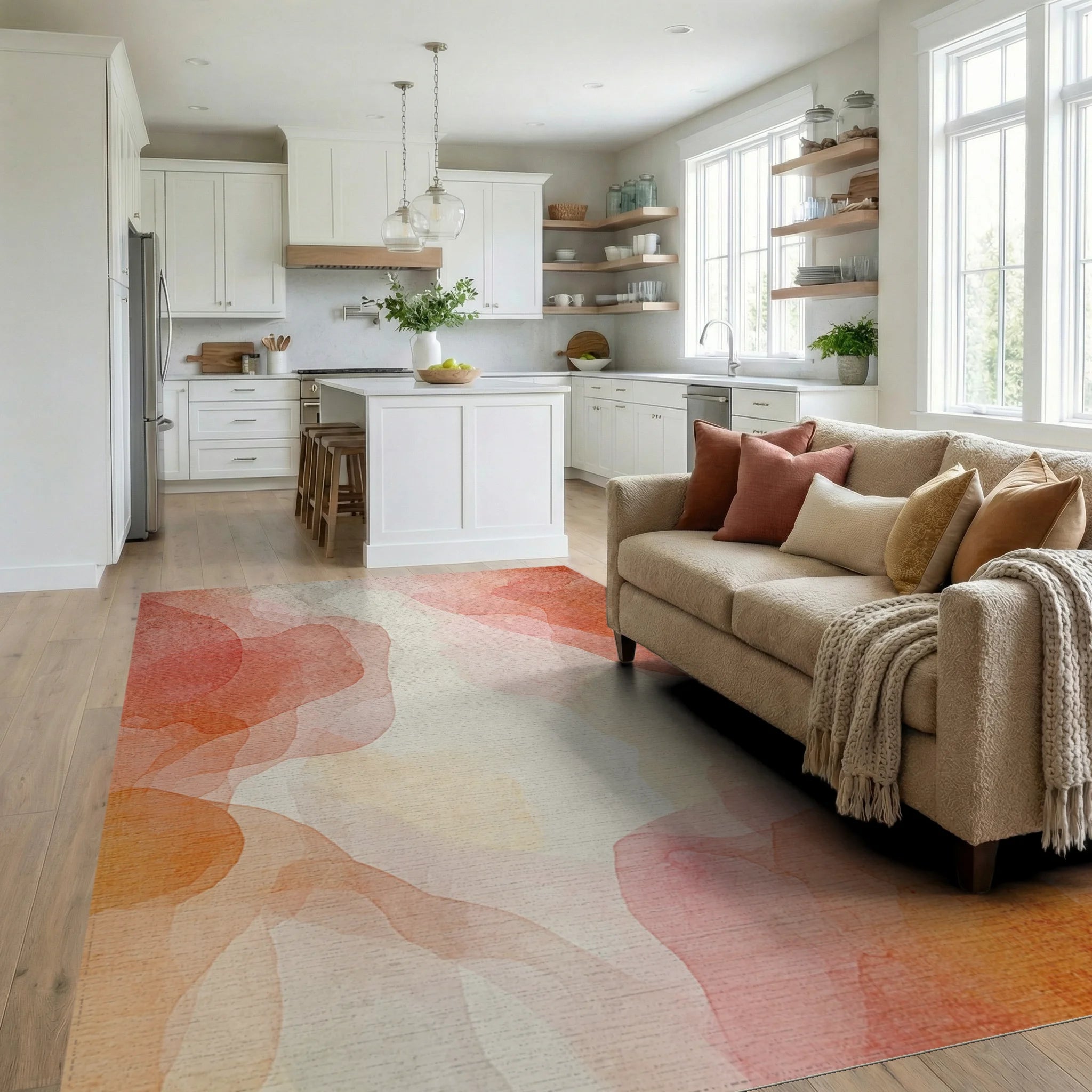Soft Peach Watercolor Cloud Abstract Rug Living Room View