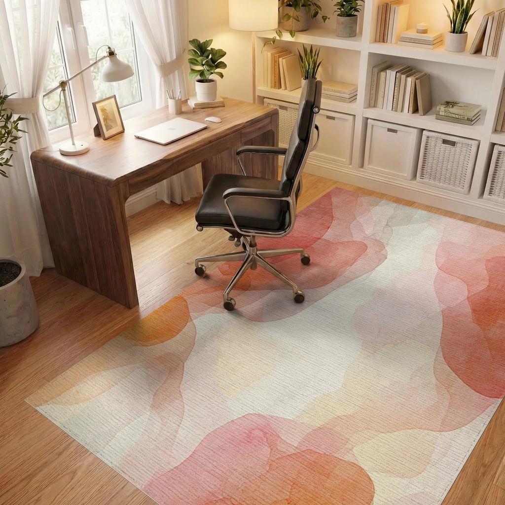 Soft Peach Watercolor Cloud Abstract Rug Office View