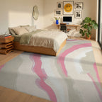 Soft Pink Beige Abstract Swirl Rug - Bedroom View