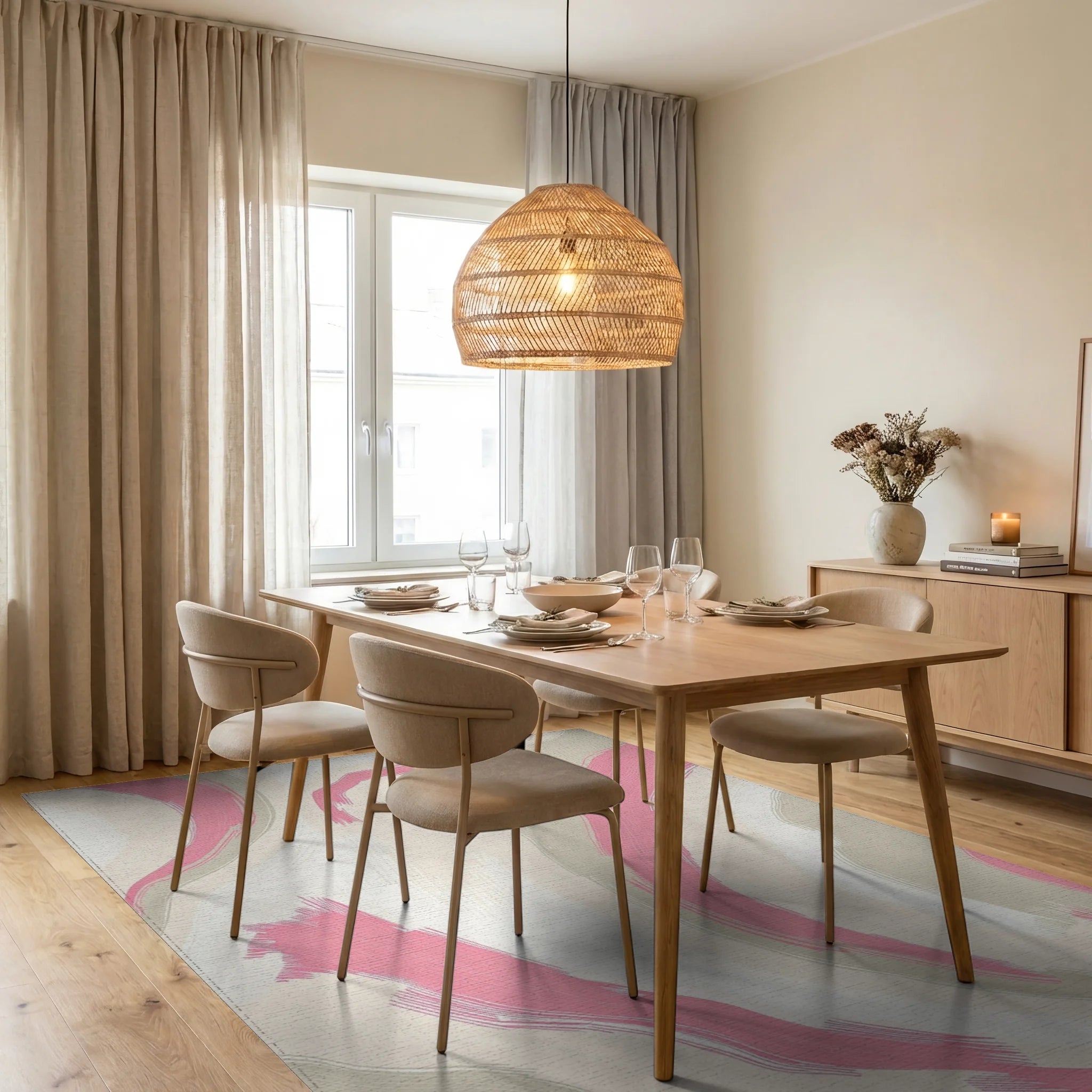 Soft Pink Beige Abstract Swirl Rug - Dining Room View