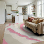 Soft Pink Beige Abstract Swirl Rug - Living Room View