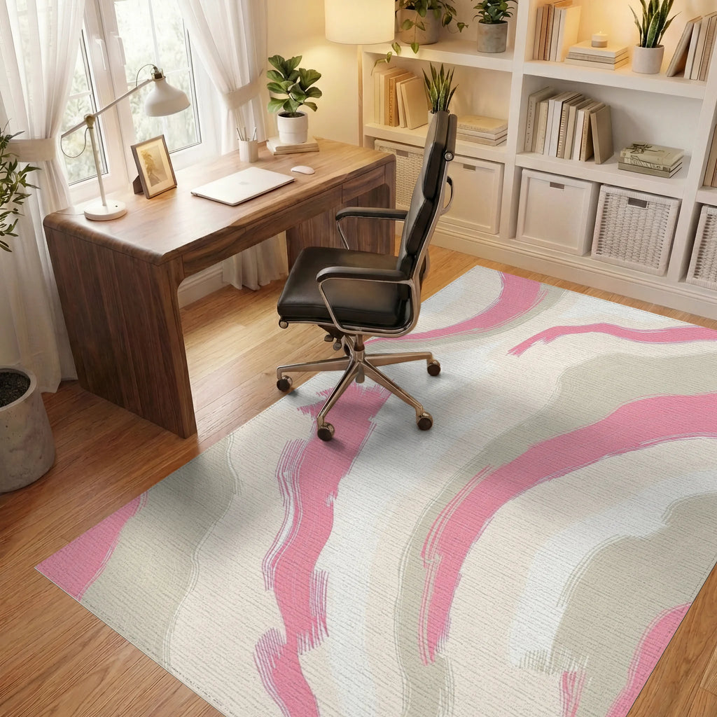 Soft Pink Beige Abstract Swirl Rug - Office View