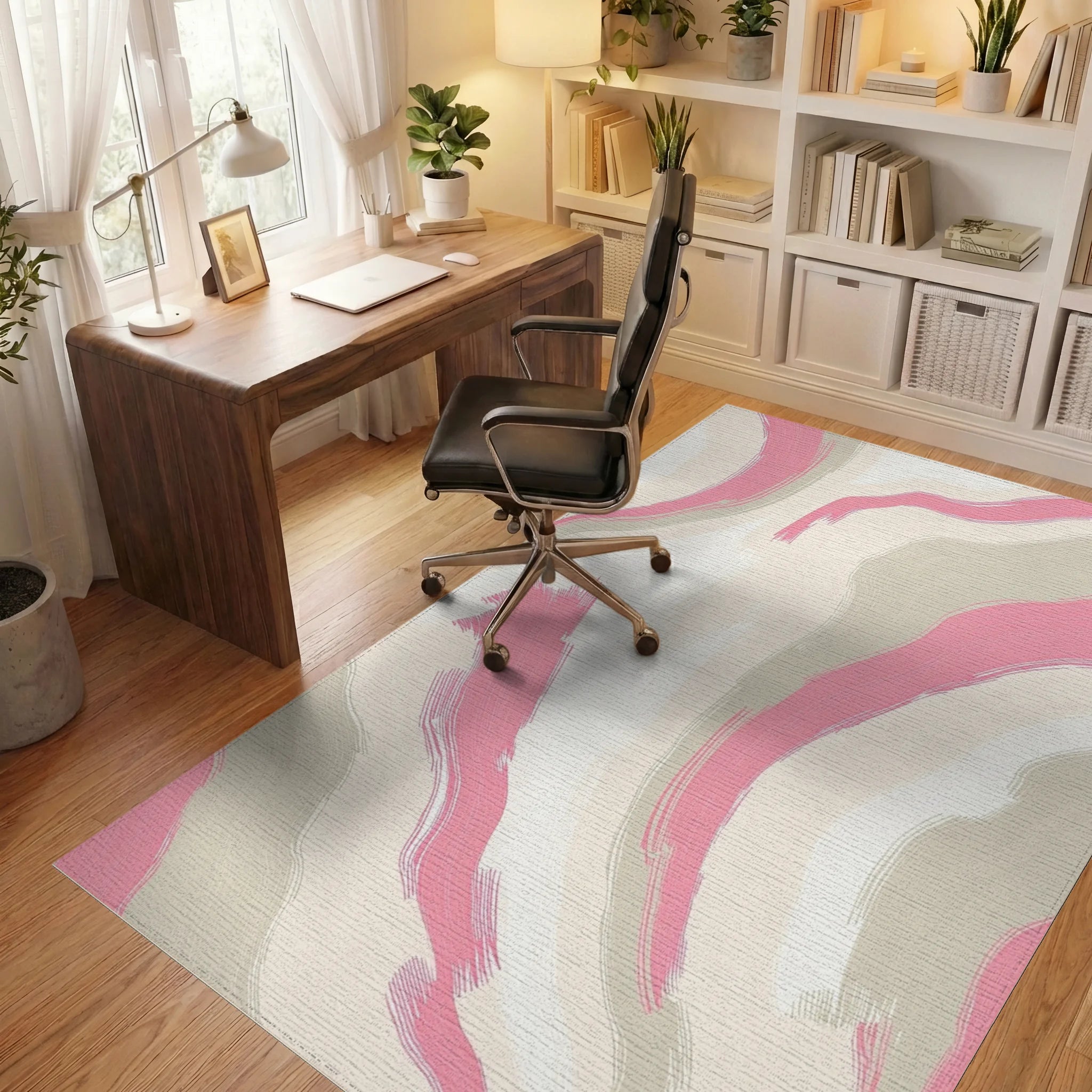 Soft Pink Beige Abstract Swirl Rug - Office View