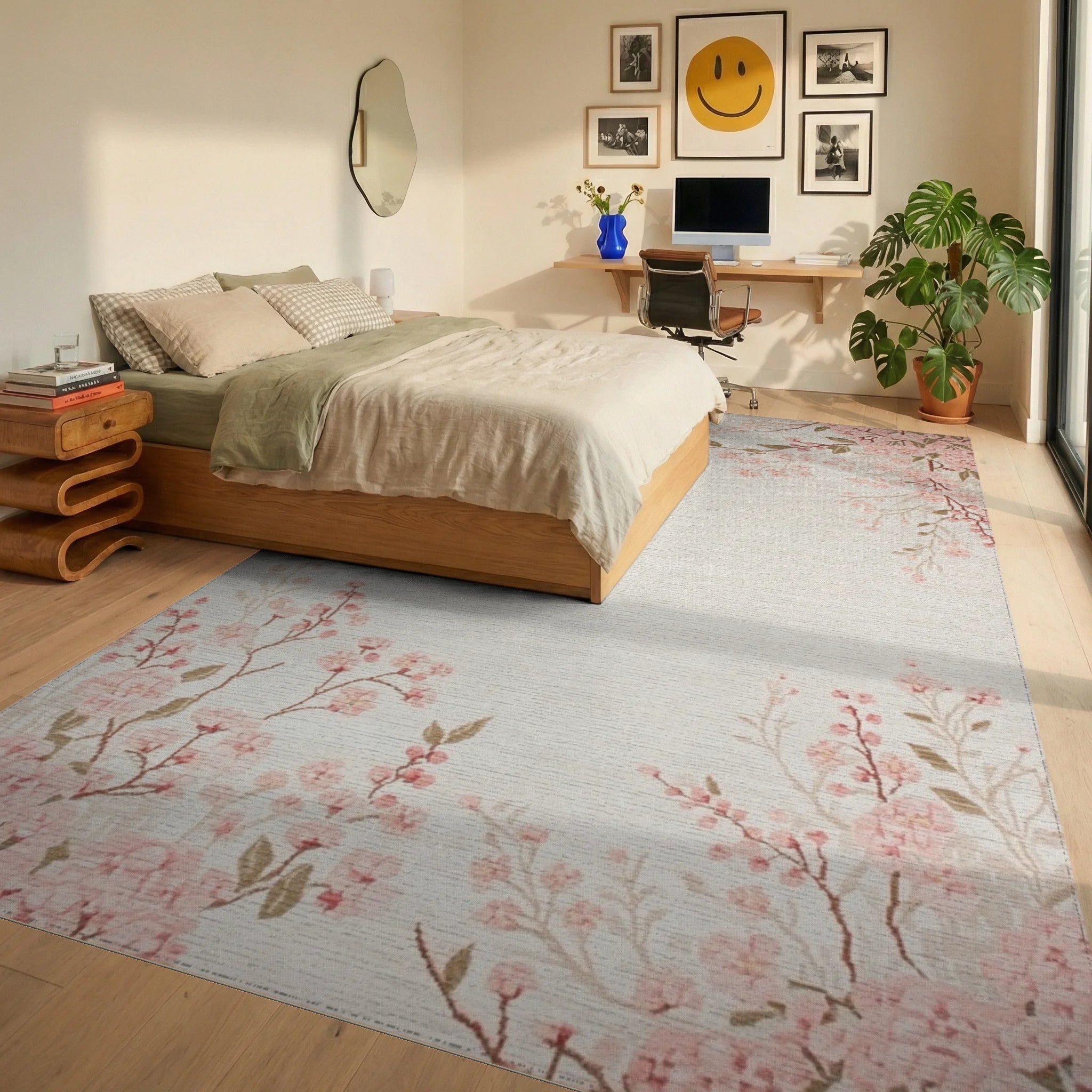 Soft Pink Cherry Blossom Branches Rug - Bedroom View