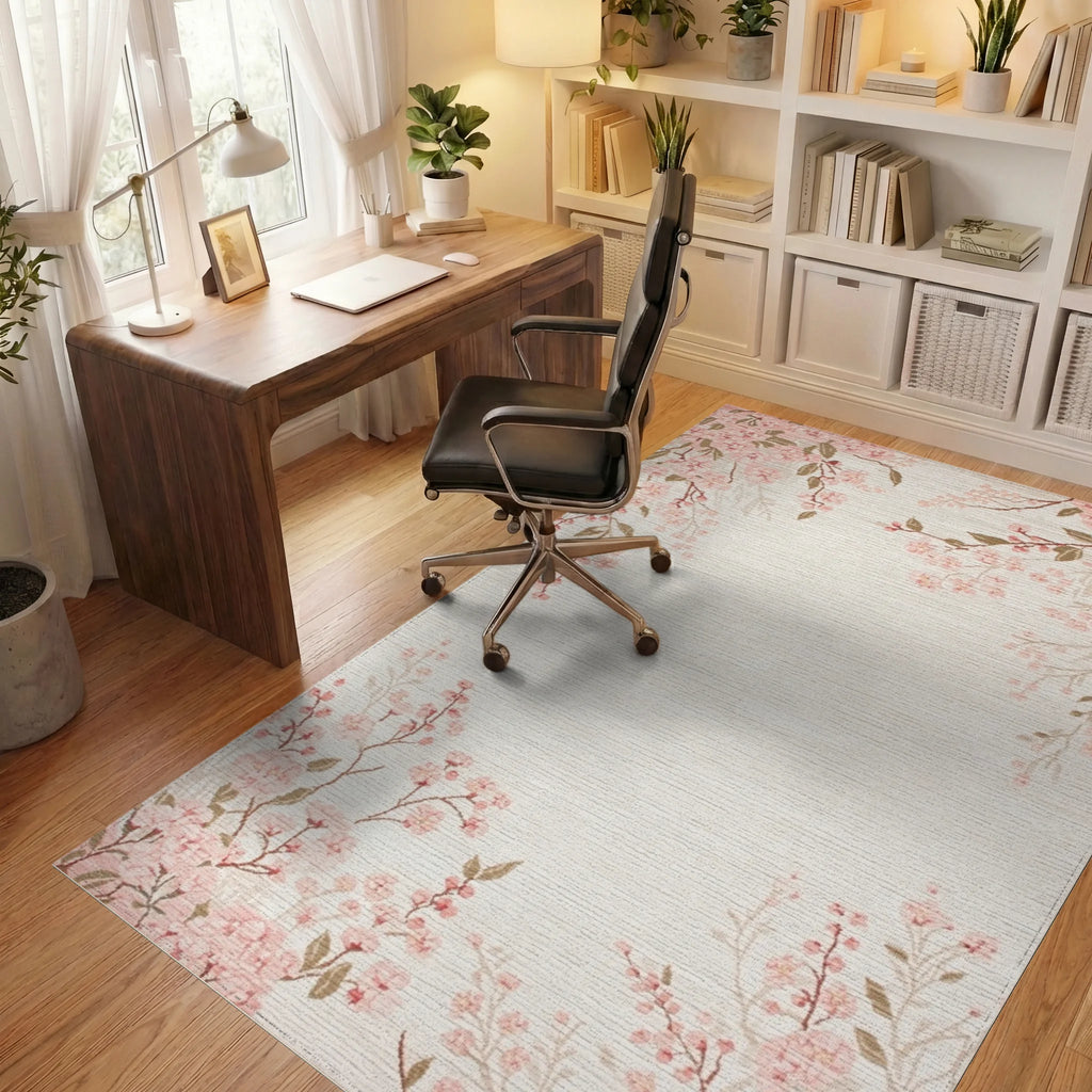 Soft Pink Cherry Blossom Branches Rug - Office View