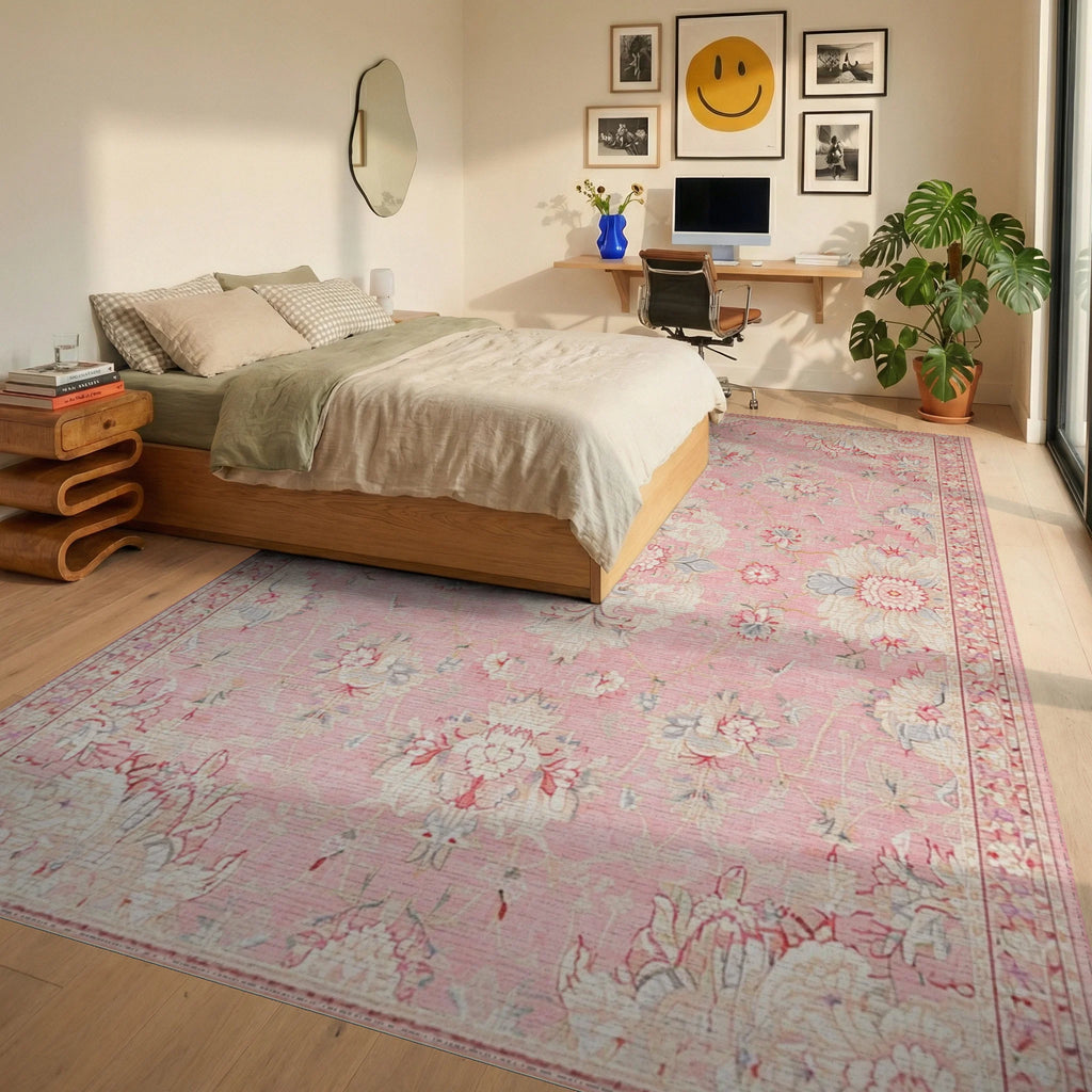 Soft Pink Floral Medallion Garden Rug - Bedroom View