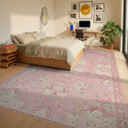 Soft Pink Floral Medallion Garden Rug - Bedroom View