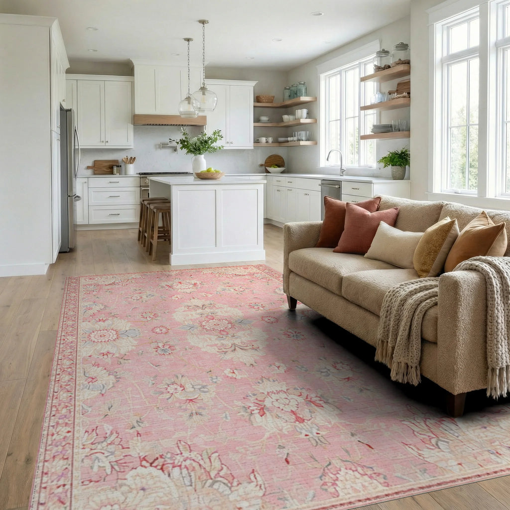 Soft Pink Floral Medallion Garden Rug - Living Room View