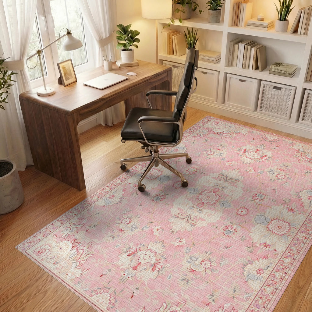 Soft Pink Floral Medallion Garden Rug - Office View