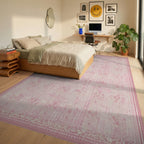 Soft Pink Floral Textured Medallion Rug - Bedroom View