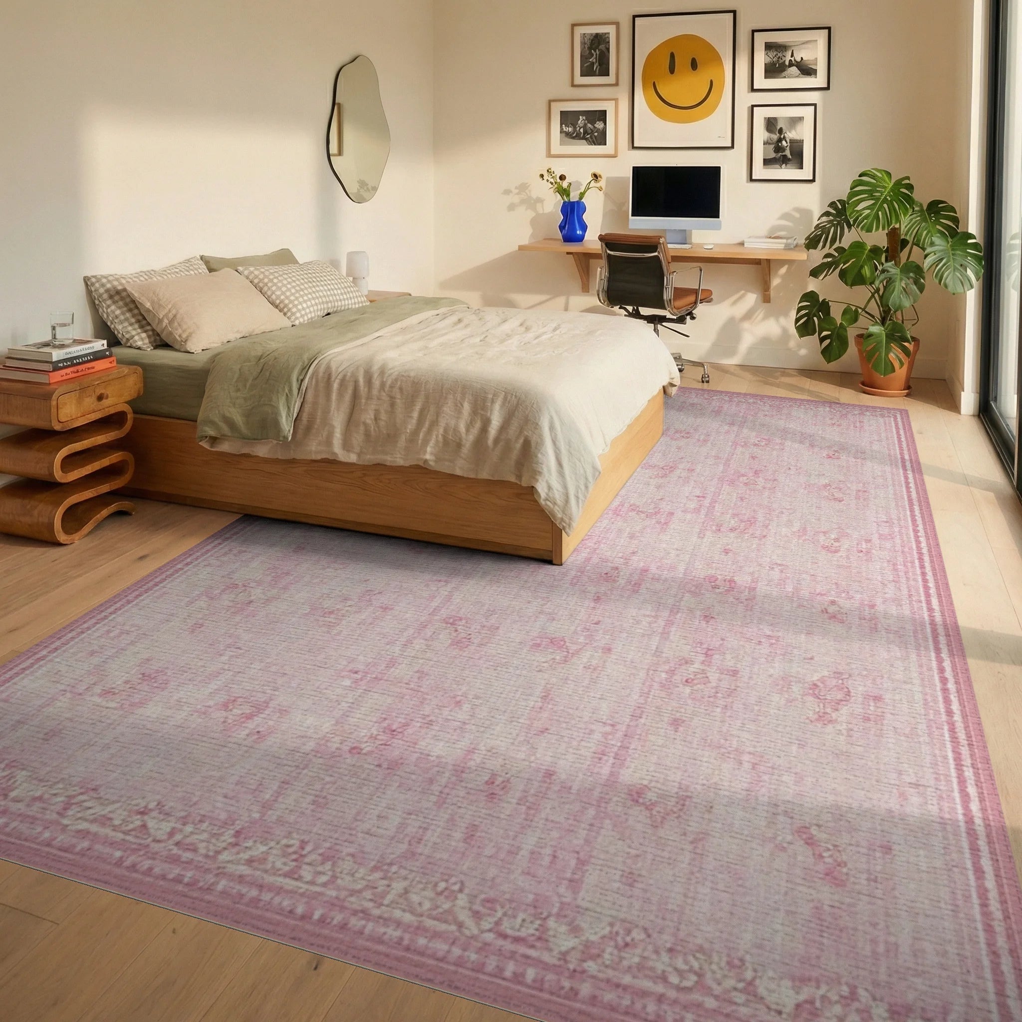 Soft Pink Floral Textured Medallion Rug - Bedroom View
