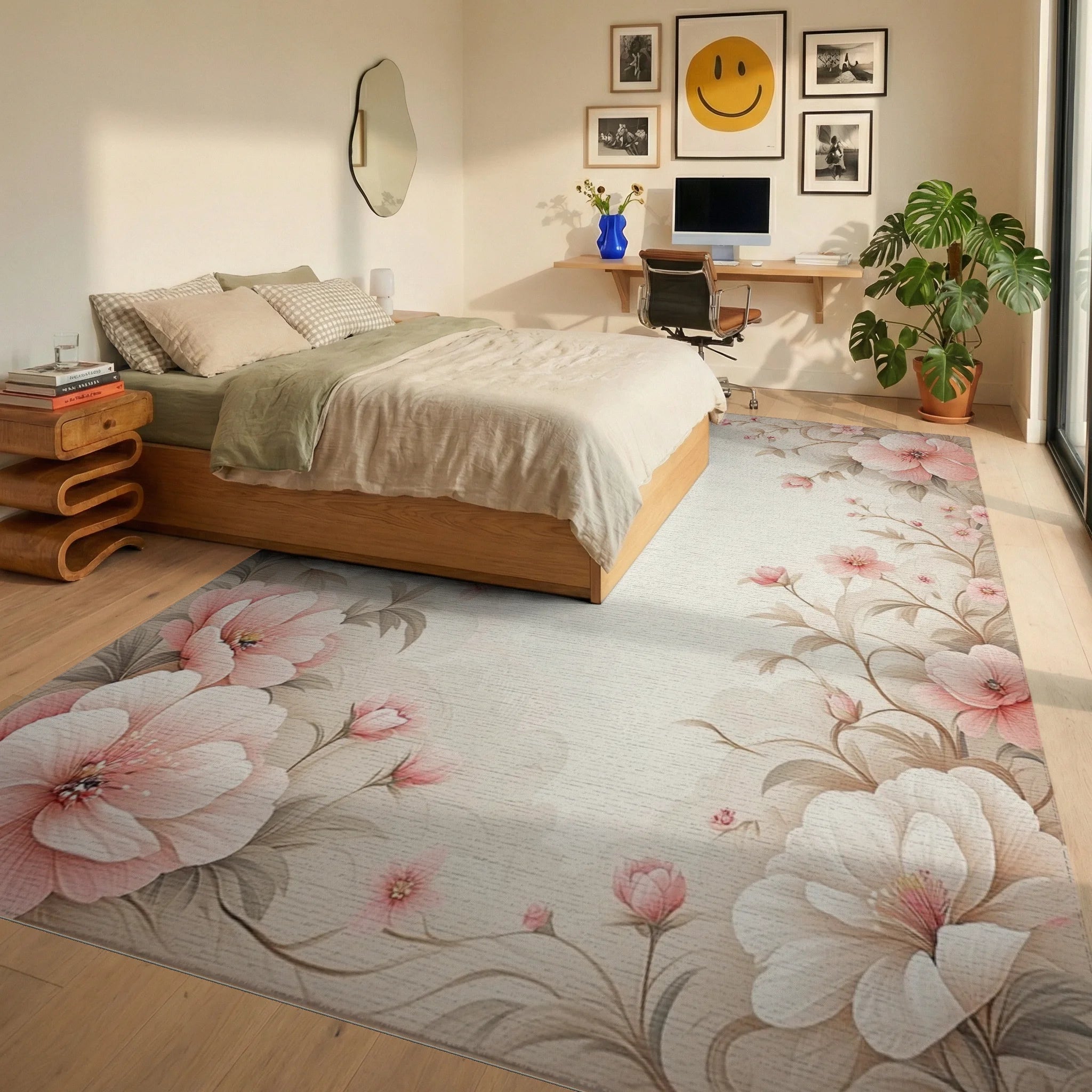 Soft Pink Floral Vine Border Rug - Bedroom View