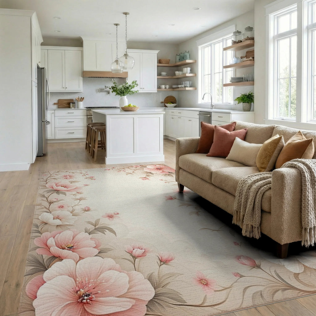 Soft Pink Floral Vine Border Rug - Living Room View