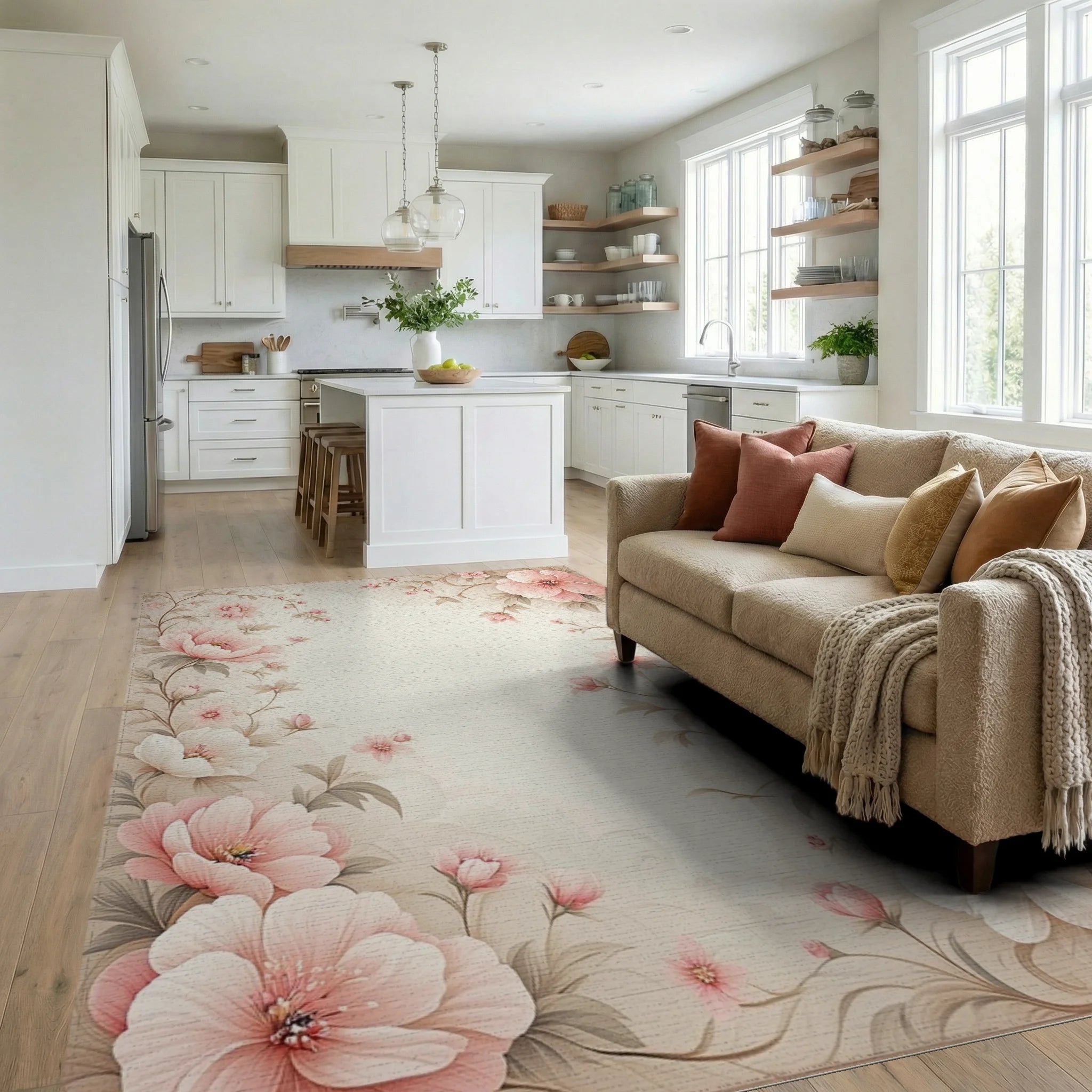 Soft Pink Floral Vine Border Rug - Living Room View