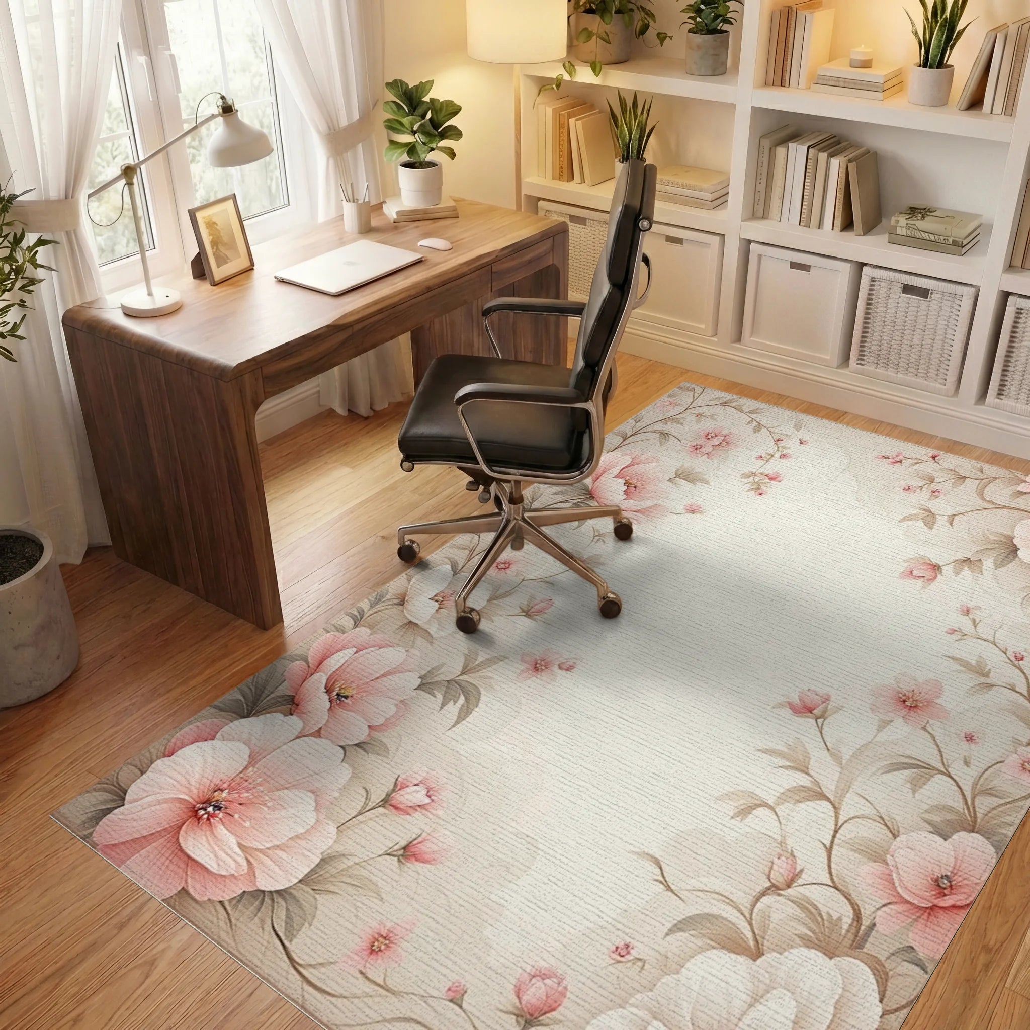 Soft Pink Floral Vine Border Rug - Office View