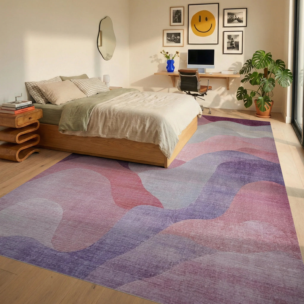 Soft Pink Purple Gradient Waves Rug - Bedroom View