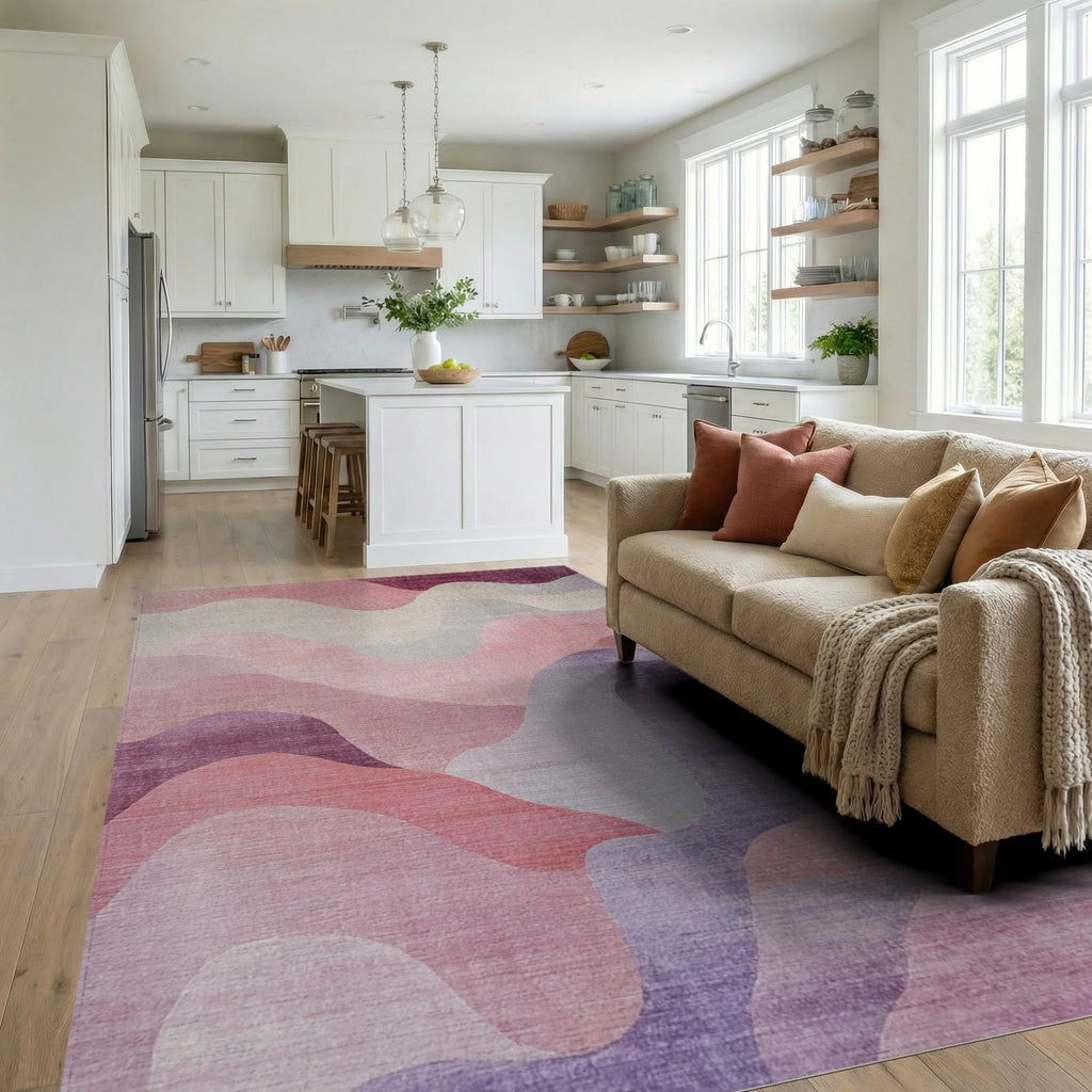 Soft Pink Purple Gradient Waves Rug - Living Room View