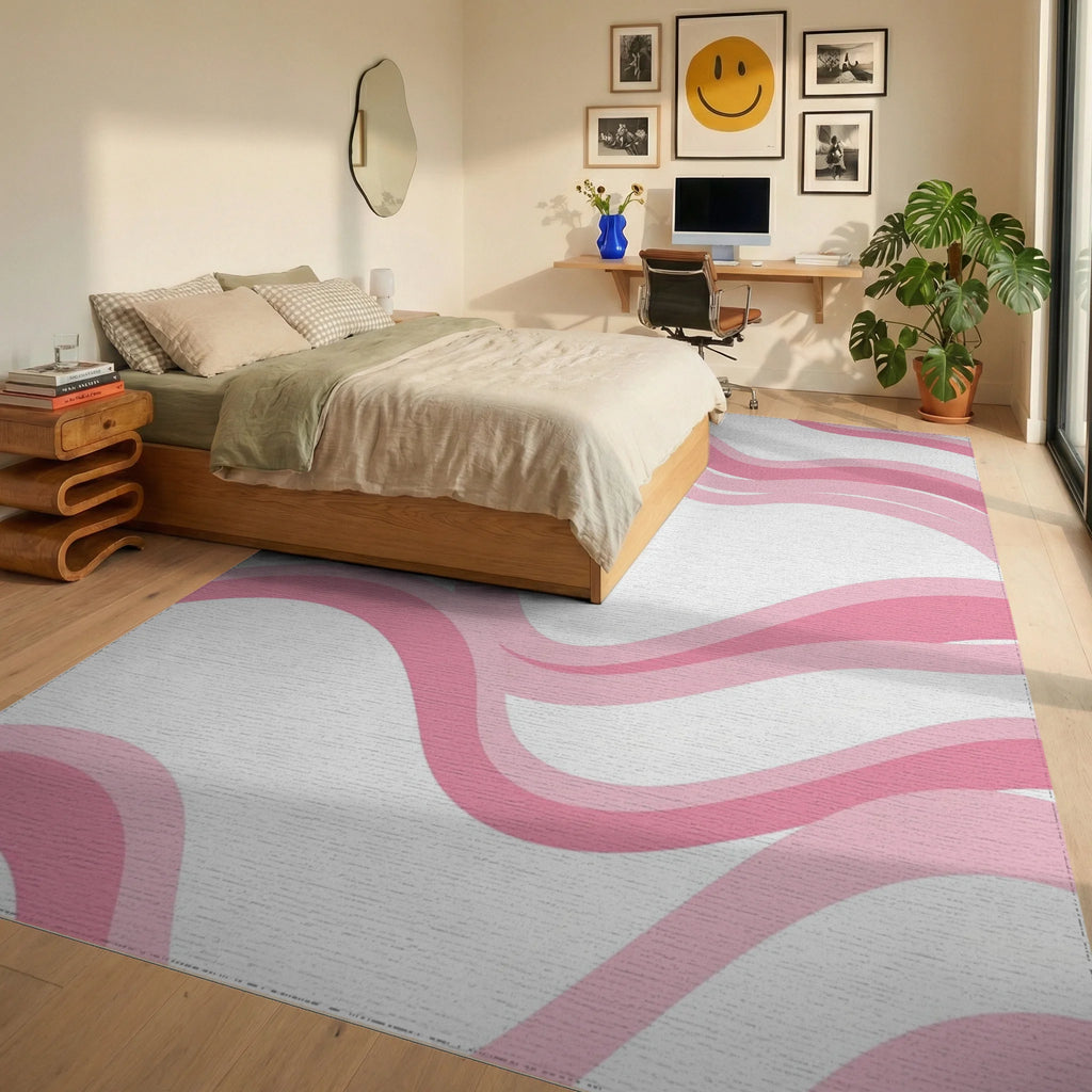 Soft Pink Wavy Stripes Design Rug - Bedroom View