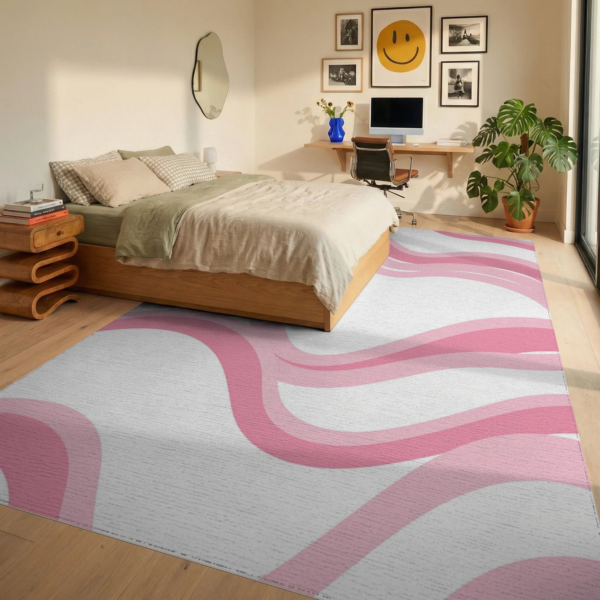 Soft Pink Wavy Stripes Design Rug - Bedroom View