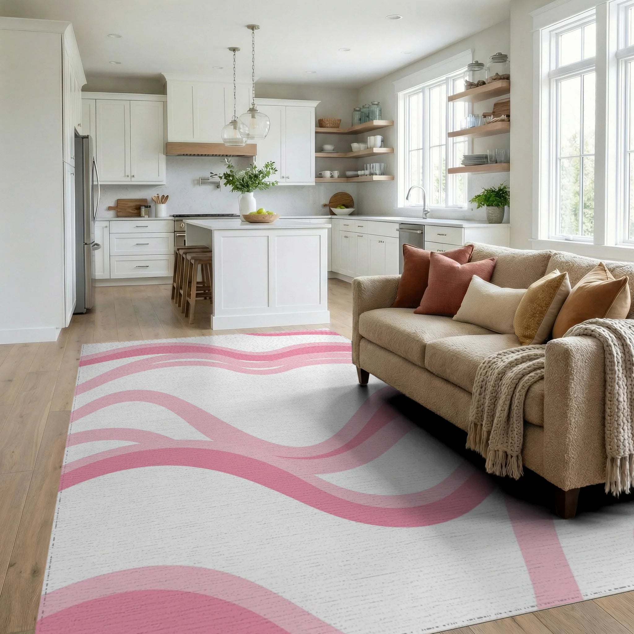 Soft Pink Wavy Stripes Design Rug - Living Room View