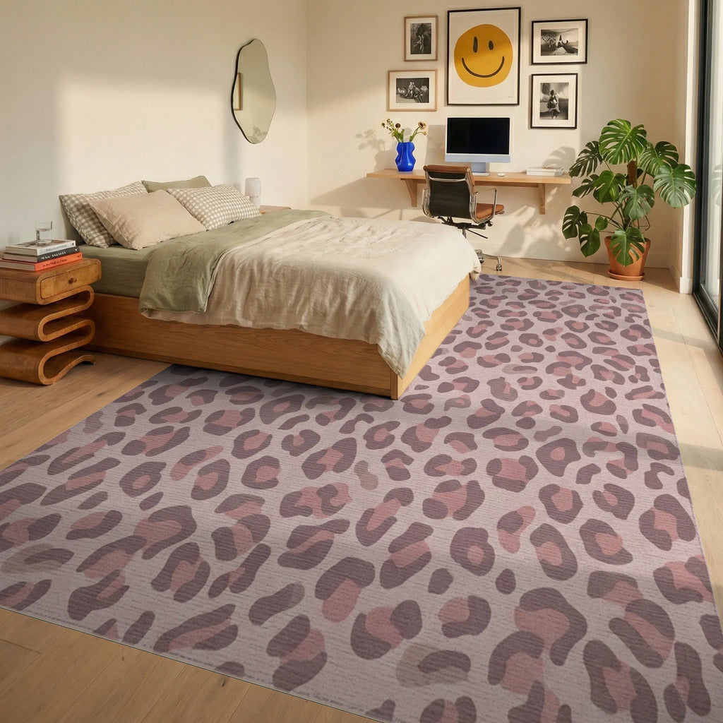 Soft Rose Leopard Spots Rug Bedroom View