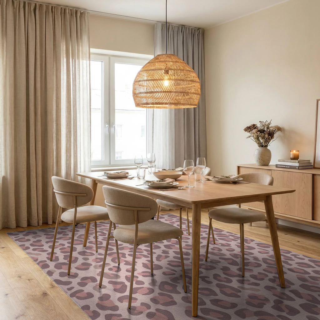 Soft Rose Leopard Spots Rug Dining Room View