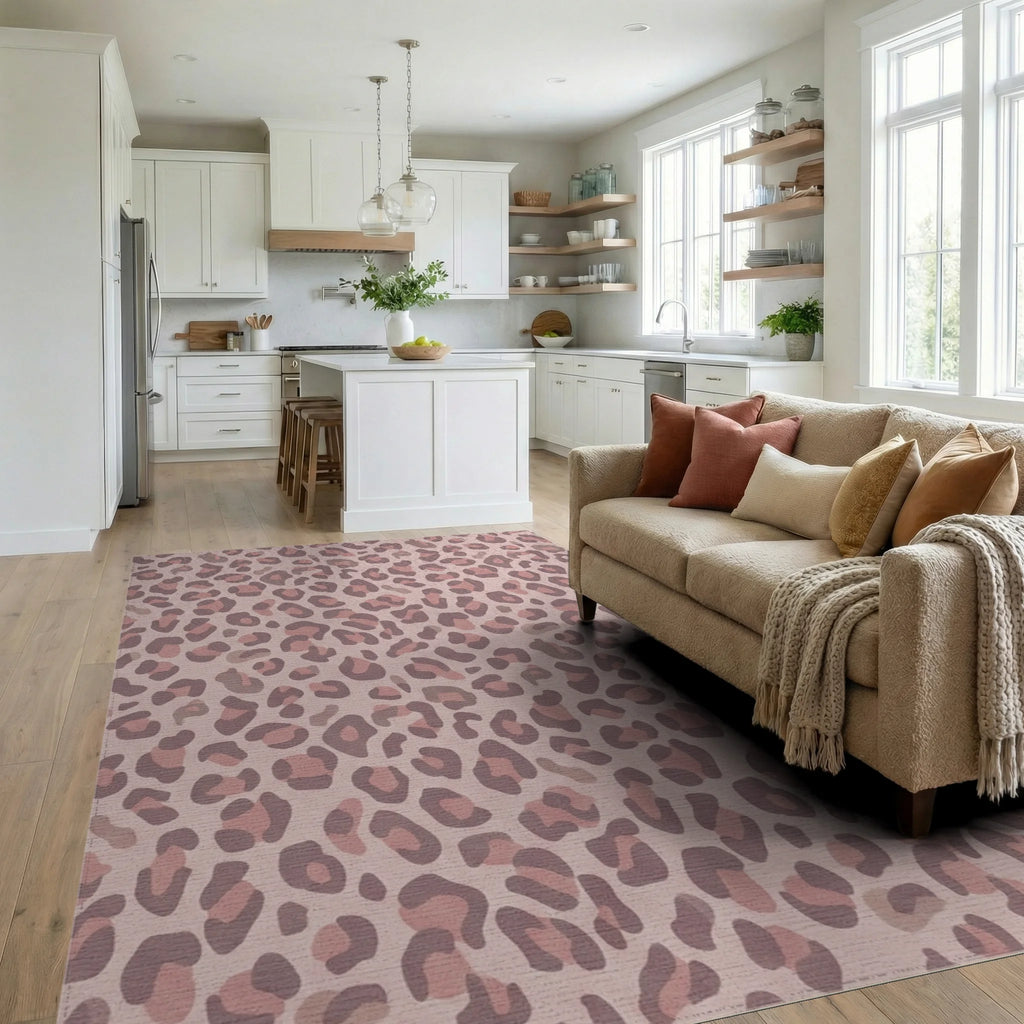 Soft Rose Leopard Spots Rug Living Room View