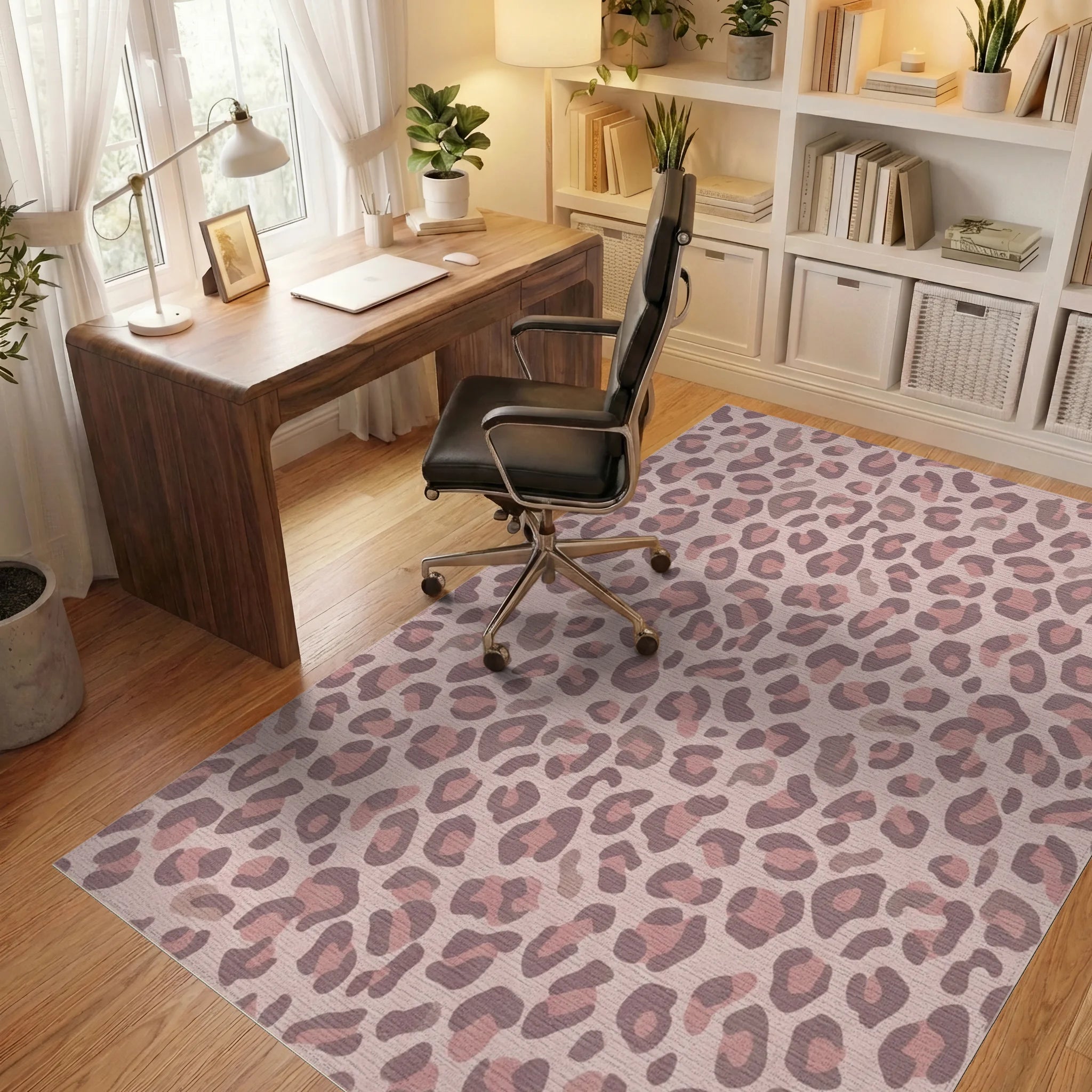 Soft Rose Leopard Spots Rug Office View