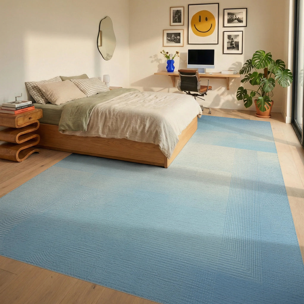 Soft Sky Blue Geometric Overlay Rug Bedroom View