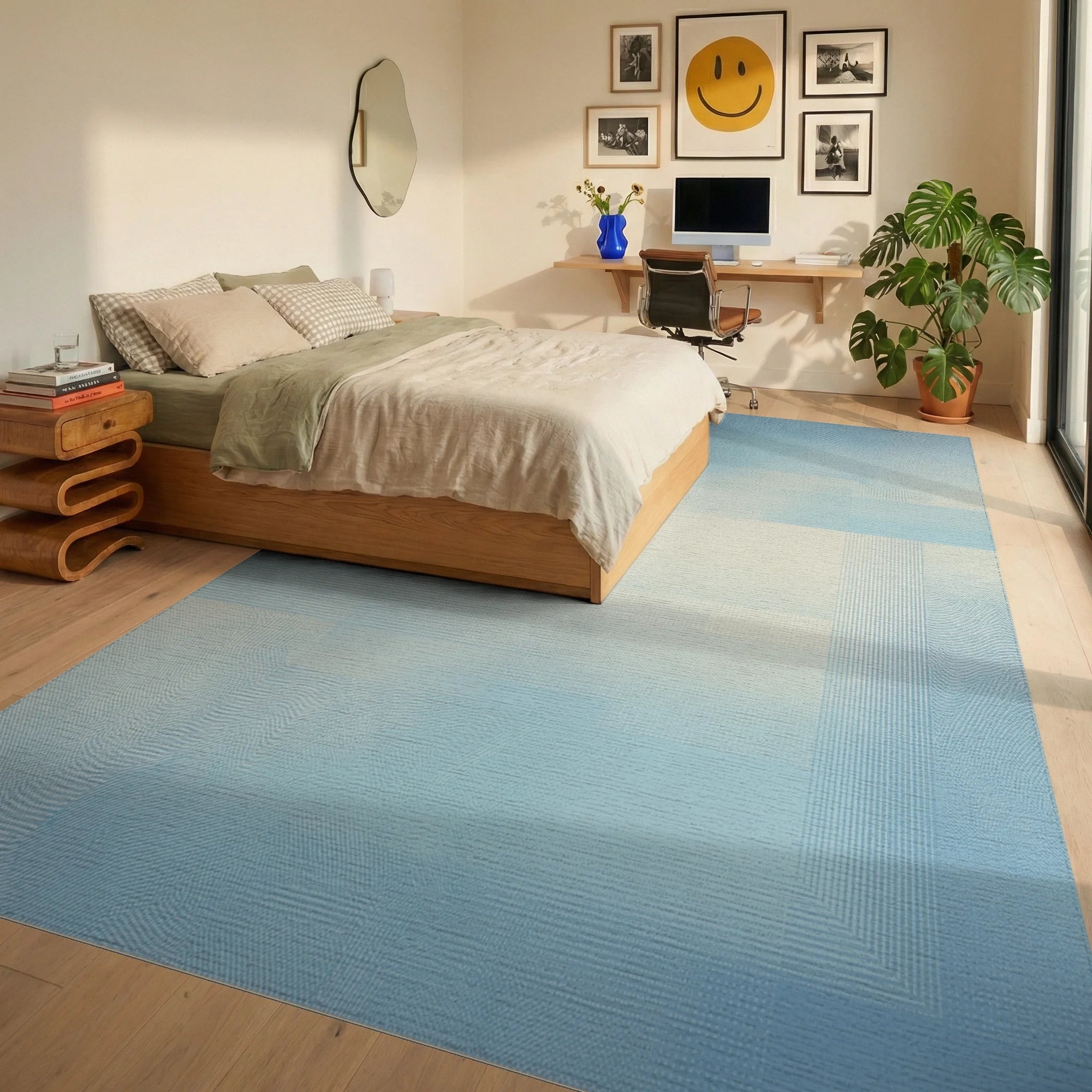 Soft Sky Blue Geometric Overlay Rug Bedroom View