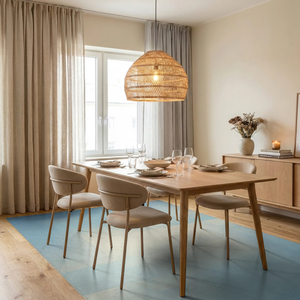Soft Sky Blue Geometric Overlay Rug Dining Room View
