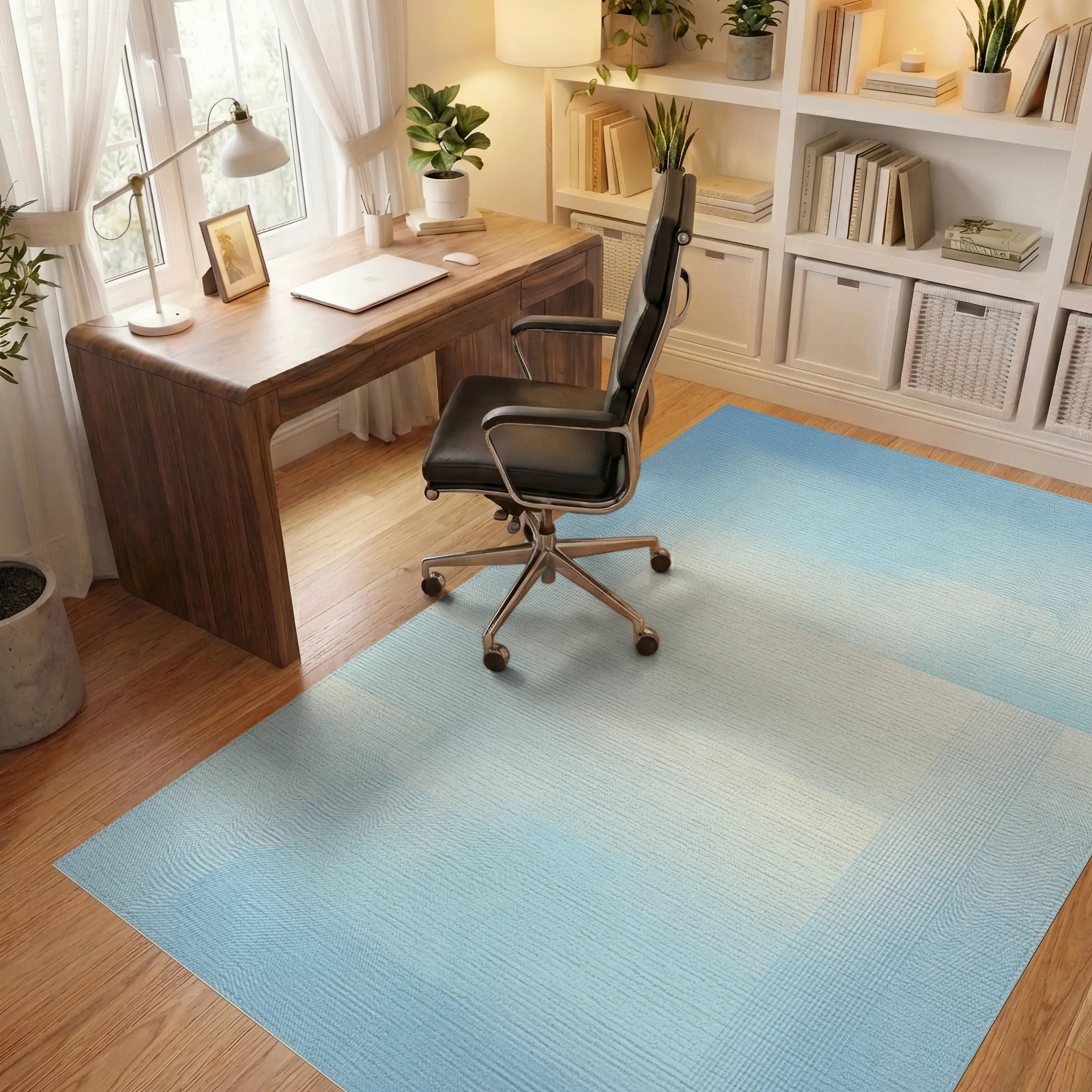 Soft Sky Blue Geometric Overlay Rug Office View