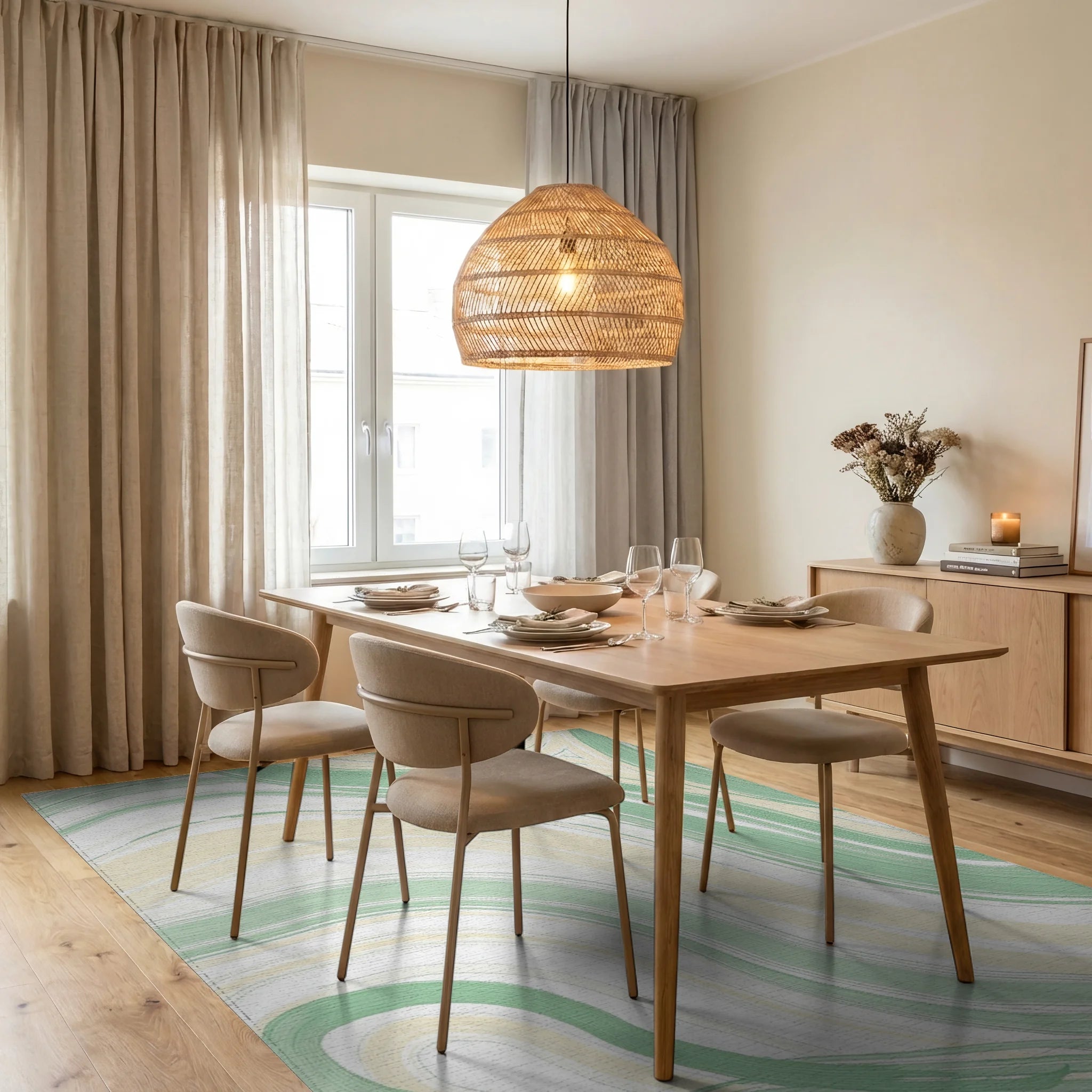 Soft Swirls Pastel Lines Rug - Dining Room View