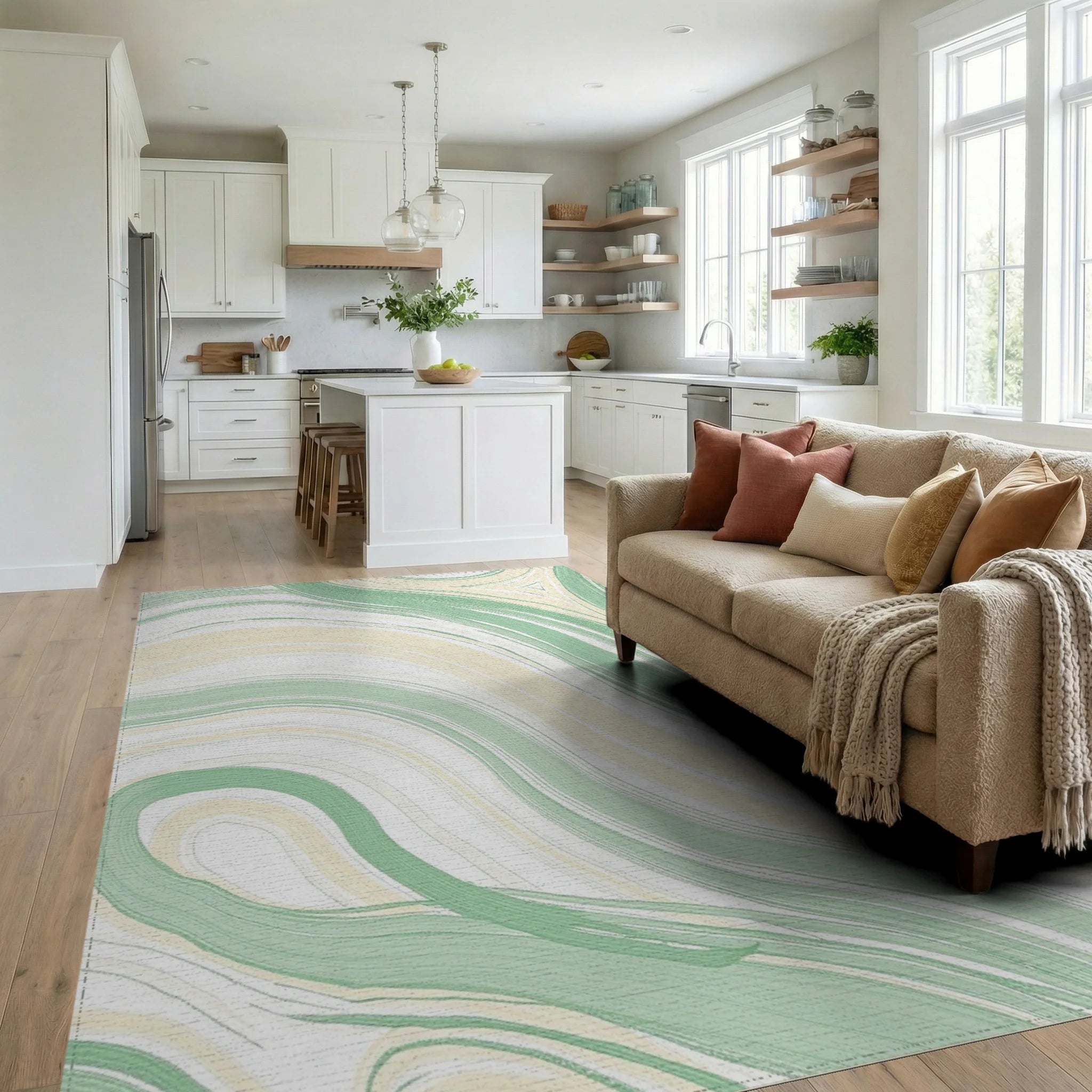 Soft Swirls Pastel Lines Rug - Living Room View