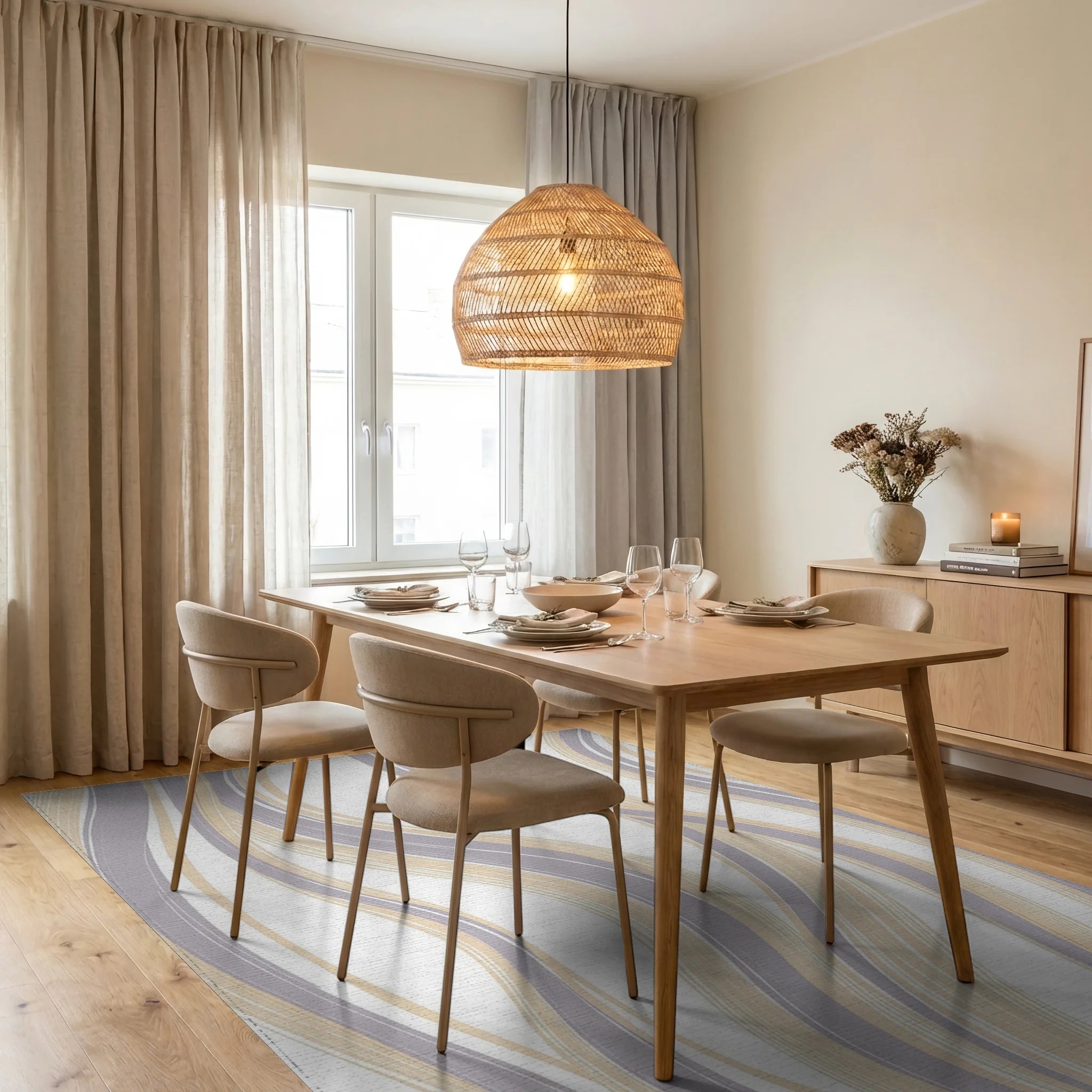 Soft Wavy Lines Pattern Rug Dining Room View