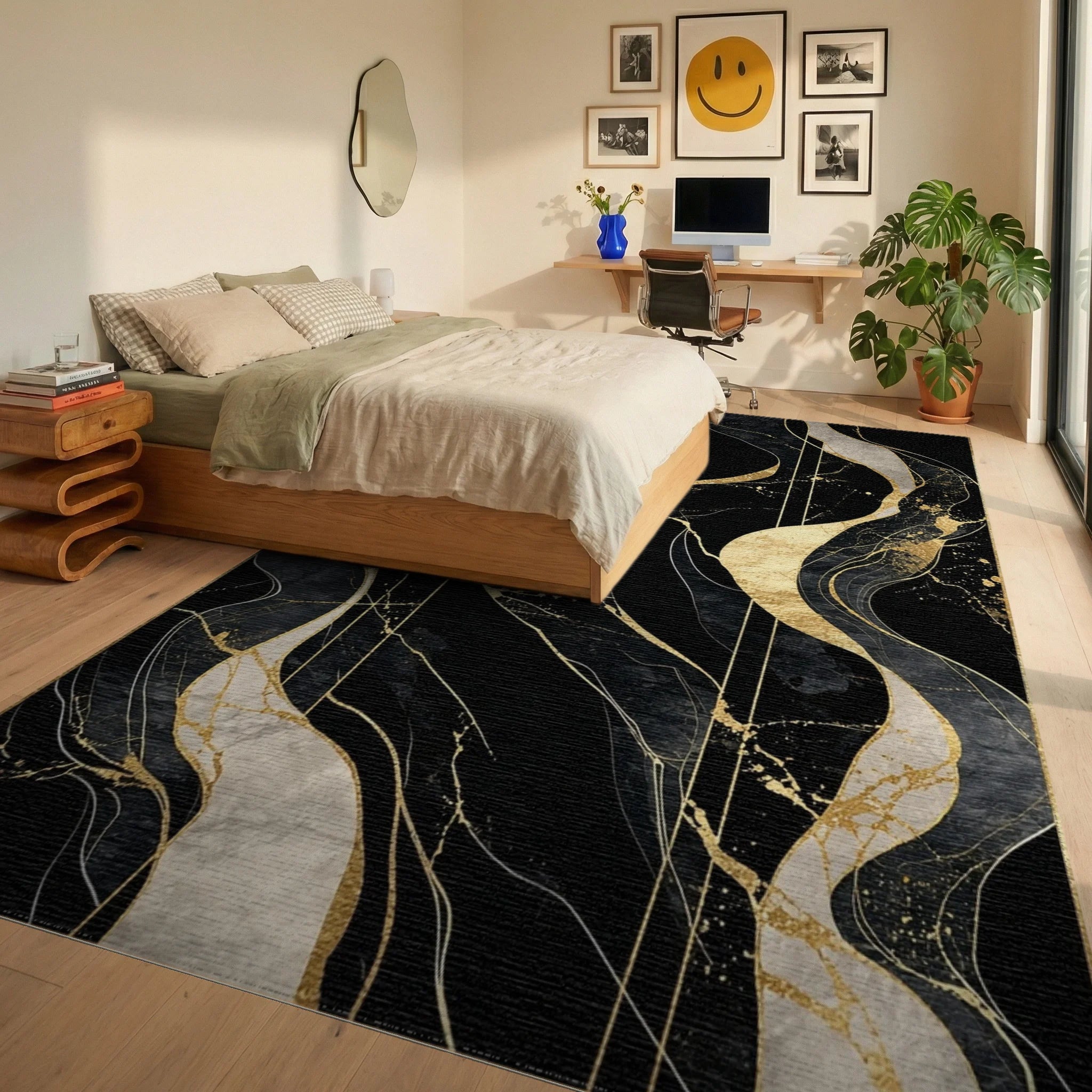 Sophisticated Black Gold Veins Rug - Bedroom View