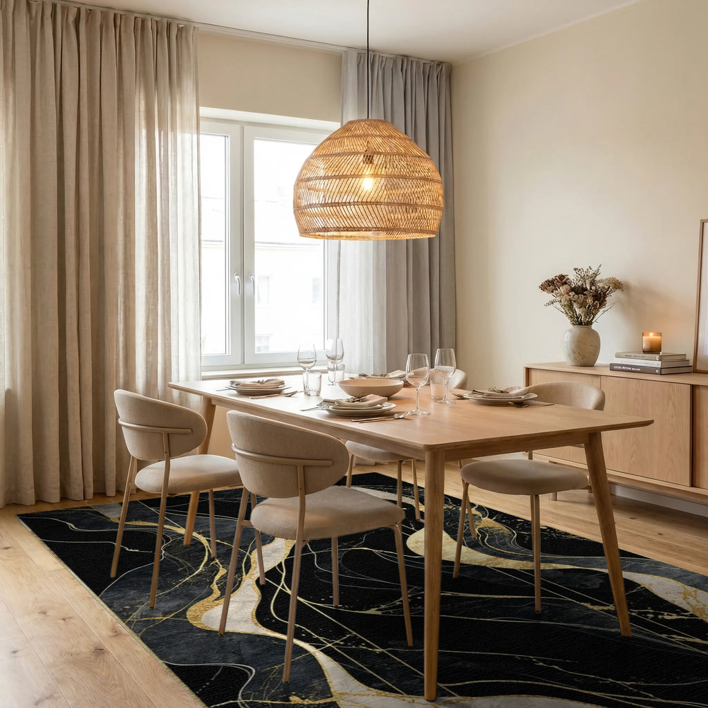 Sophisticated Black Gold Veins Rug - Dining Room View
