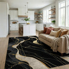 Sophisticated Black Gold Veins Rug - Living Room View