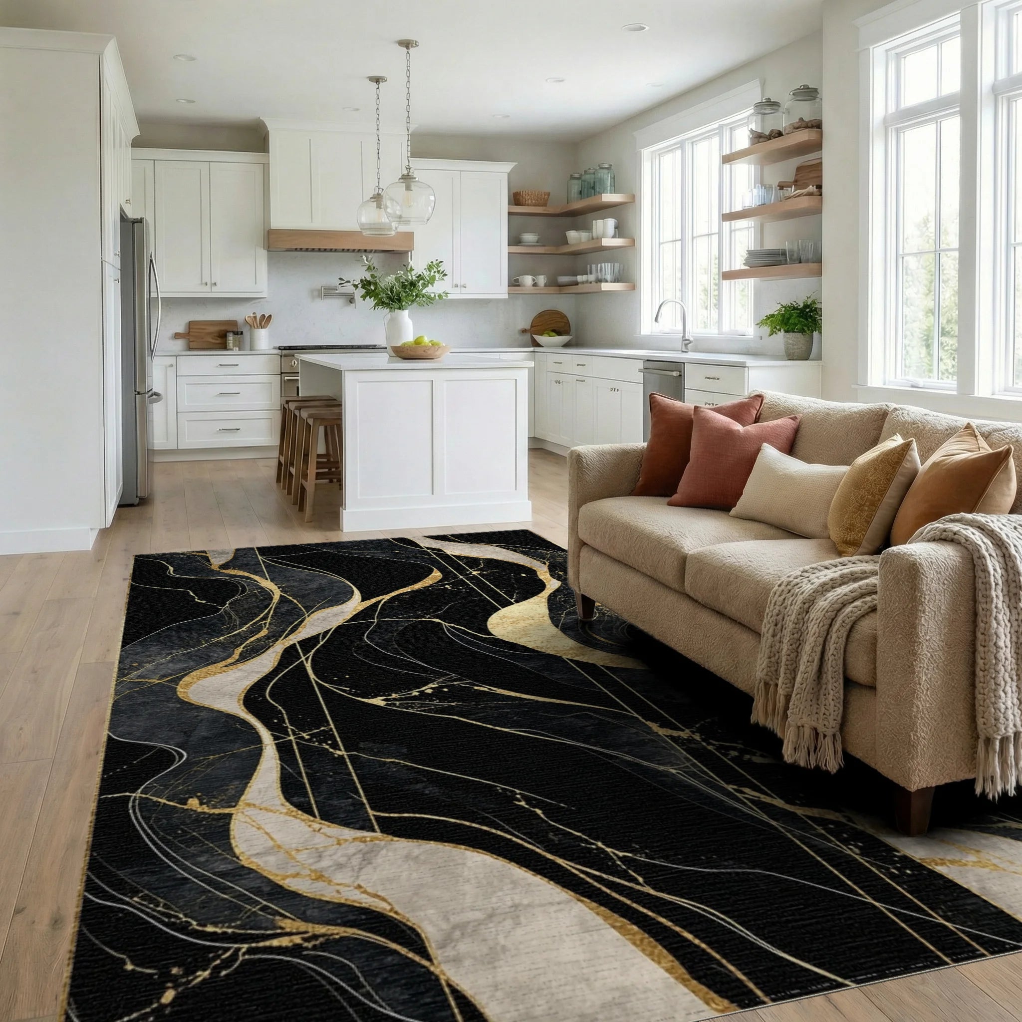 Sophisticated Black Gold Veins Rug - Living Room View
