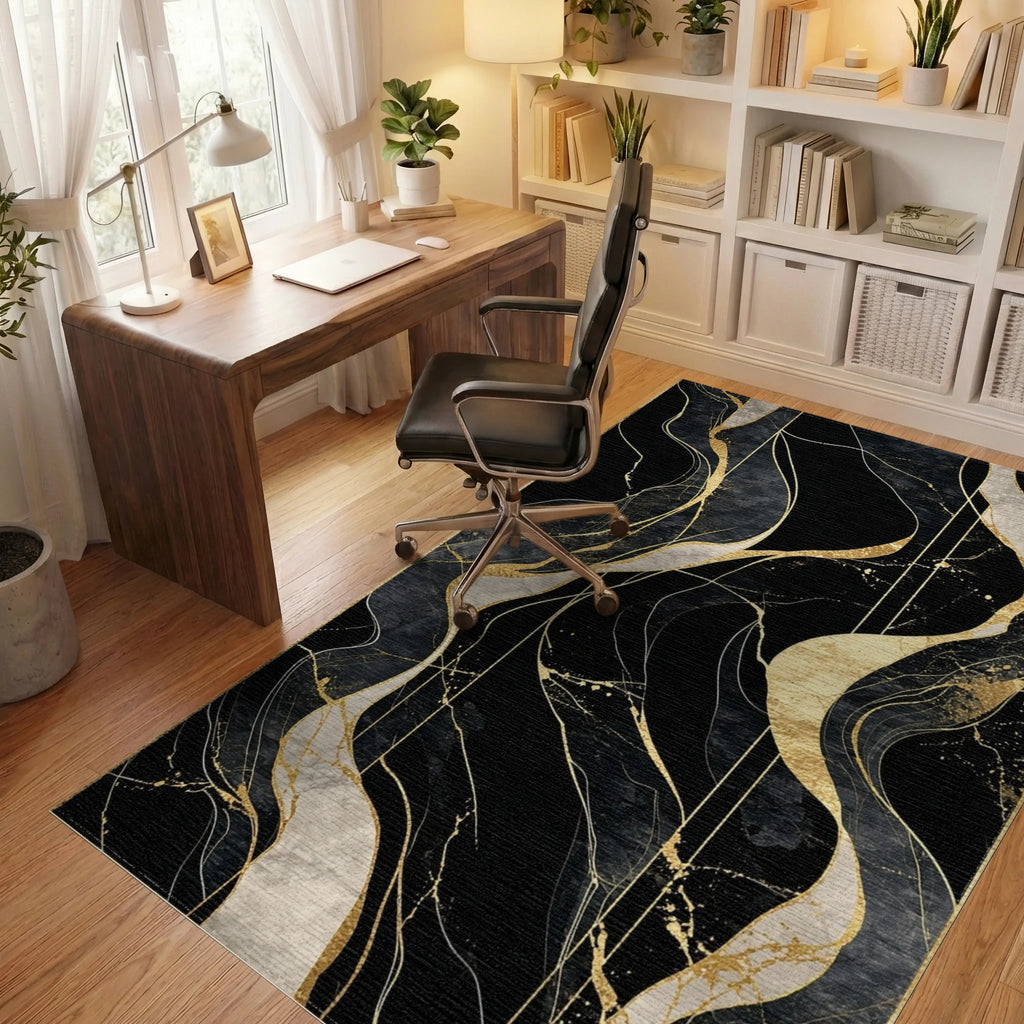 Sophisticated Black Gold Veins Rug - Office View