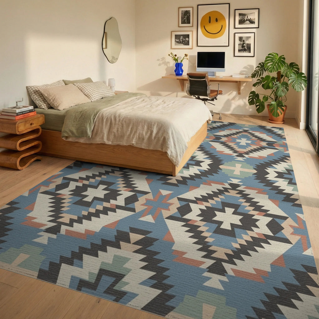 Southwestern Geometric Medallion Cream Blue Rug Bedroom View
