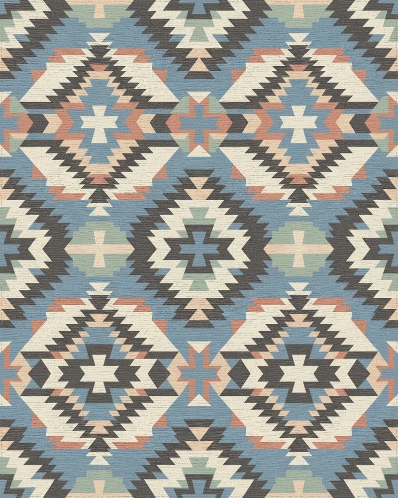 Southwestern Geometric Medallion Cream Blue Rug - Cutout View