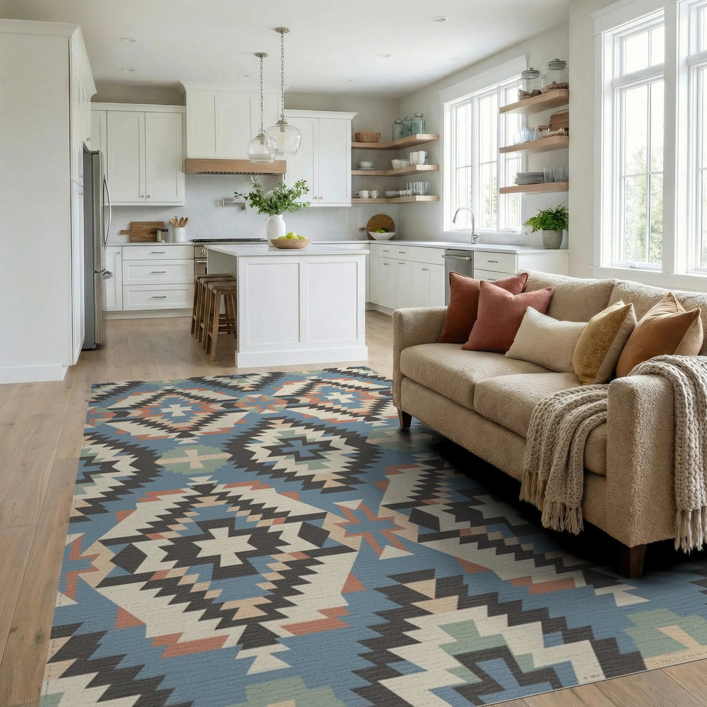 Southwestern Geometric Medallion Cream Blue Rug Living Room View